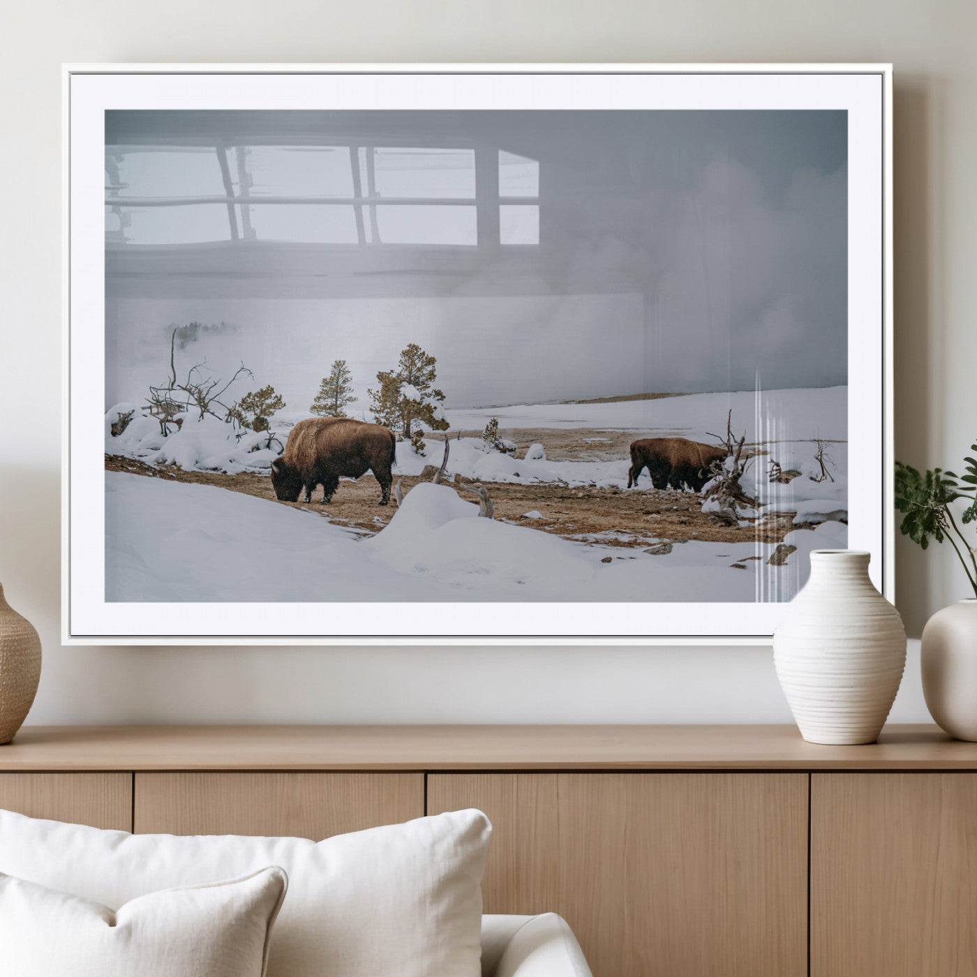 MGC-FP-36x24 - Bison Wildlife Wall Art Canvas Print, Framed Snowy Prairie Art Picture Print, Western Perfect Rustic Decor Artwork