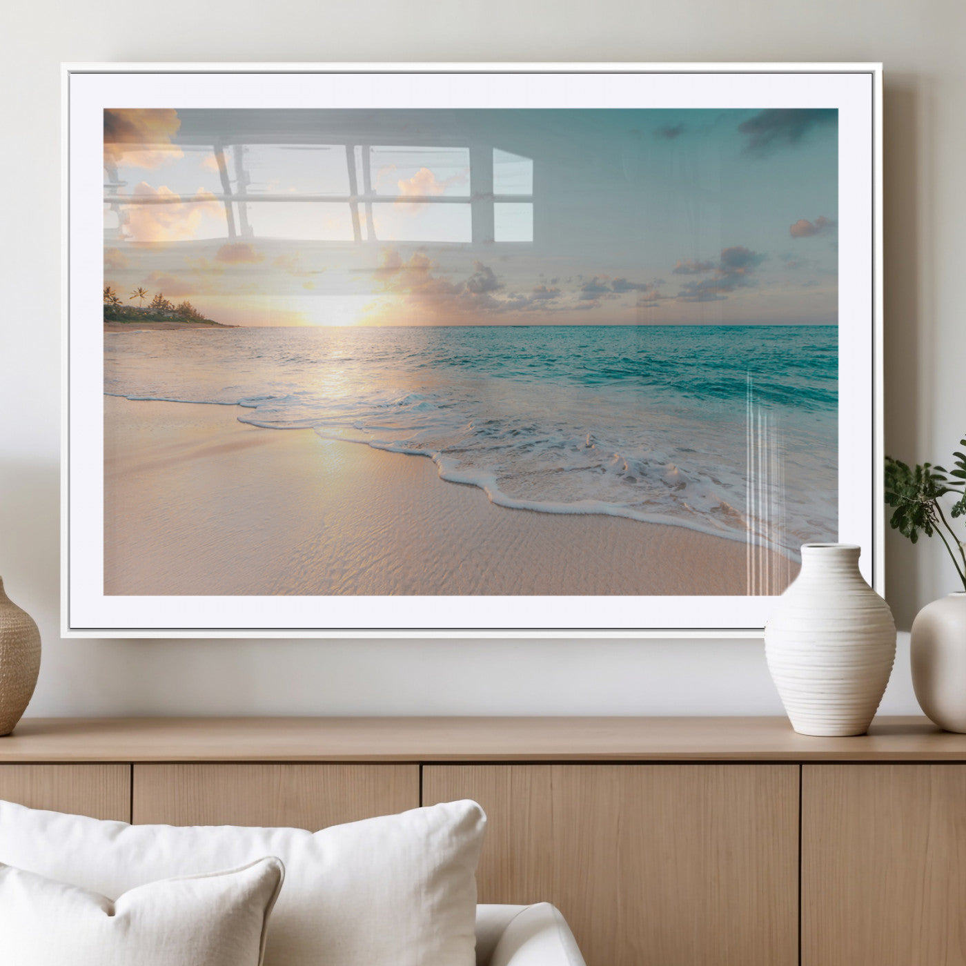 MGC-FP-36x24 - Beach Sunset Wall Art Canvas Print, Framed Ocean Waves Art Picture Print, Summer Escape Perfect Coastal Decor Artwork