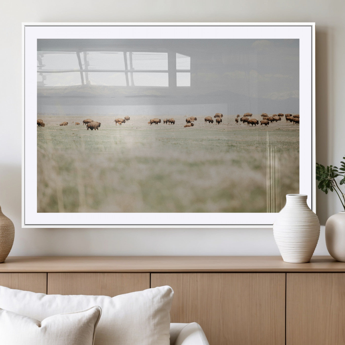 MGC-FP-36x24 - Bison Herd Wall Art Canvas Print, Framed Western Art Picture Print, Bison Perfect Ranch Decor Artwork
