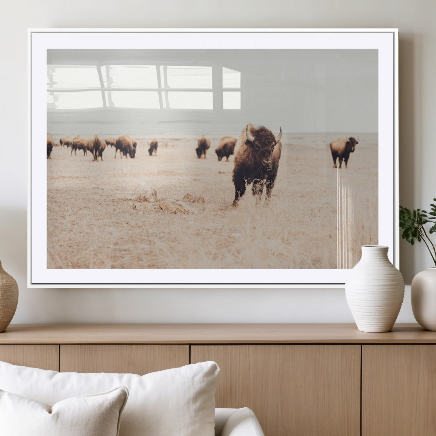 MGC-FP-36x24 - Bison Herd Wall Art Canvas Print, Framed Western Art Picture Print, Prairie Serenity Perfect Ranch Decor Artwork