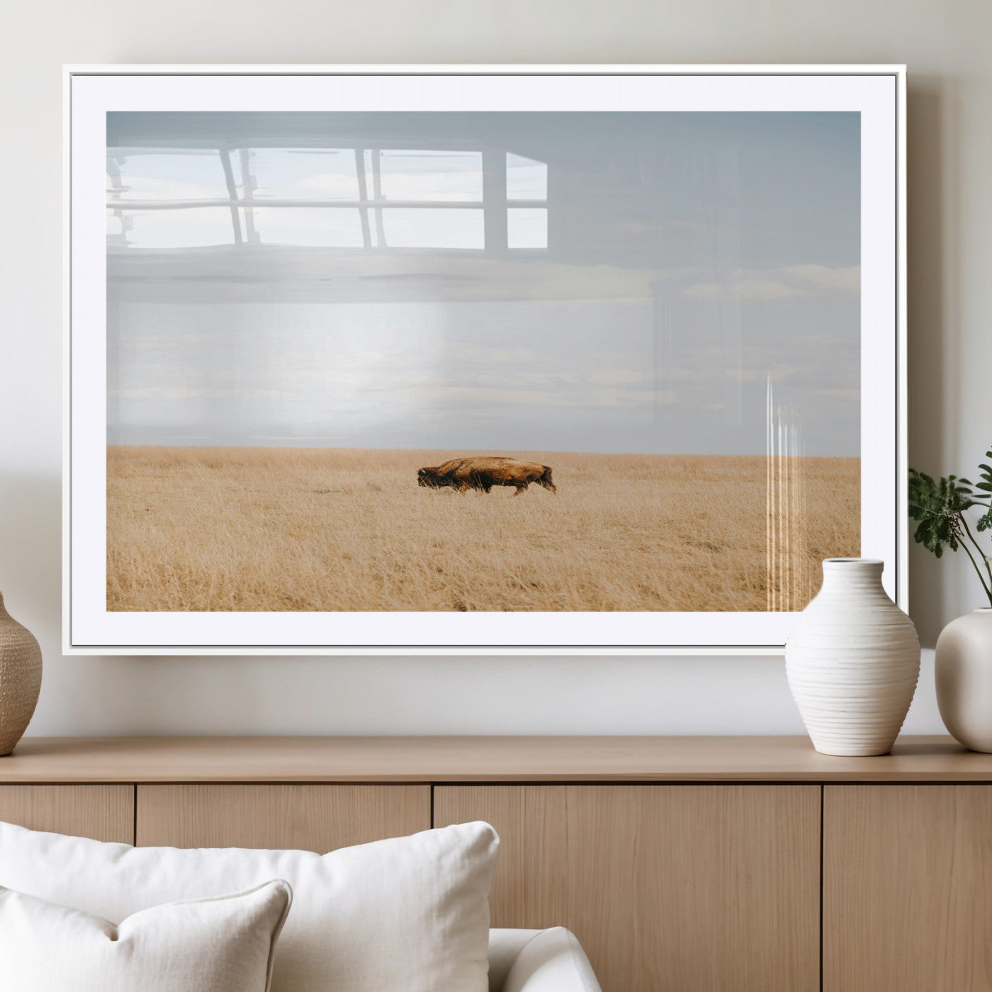 MGC-FP-36x24 - Minimalist Nature Wall Art Canvas Print, Framed Bison In Grassland Art Picture Print, Open Field Perfect Modern Ranch Decor Decor Artwork