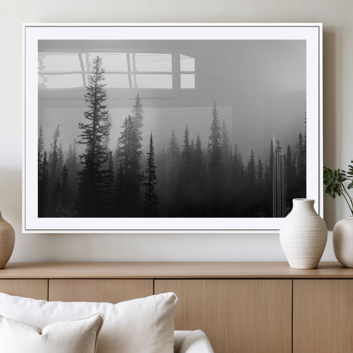 MGC-FP-36x24 - Misty Pines Wall Art Canvas Print, Framed Woodland Photography Art Picture Print, Minimalist Decor Perfect Rustic Decor Artwork