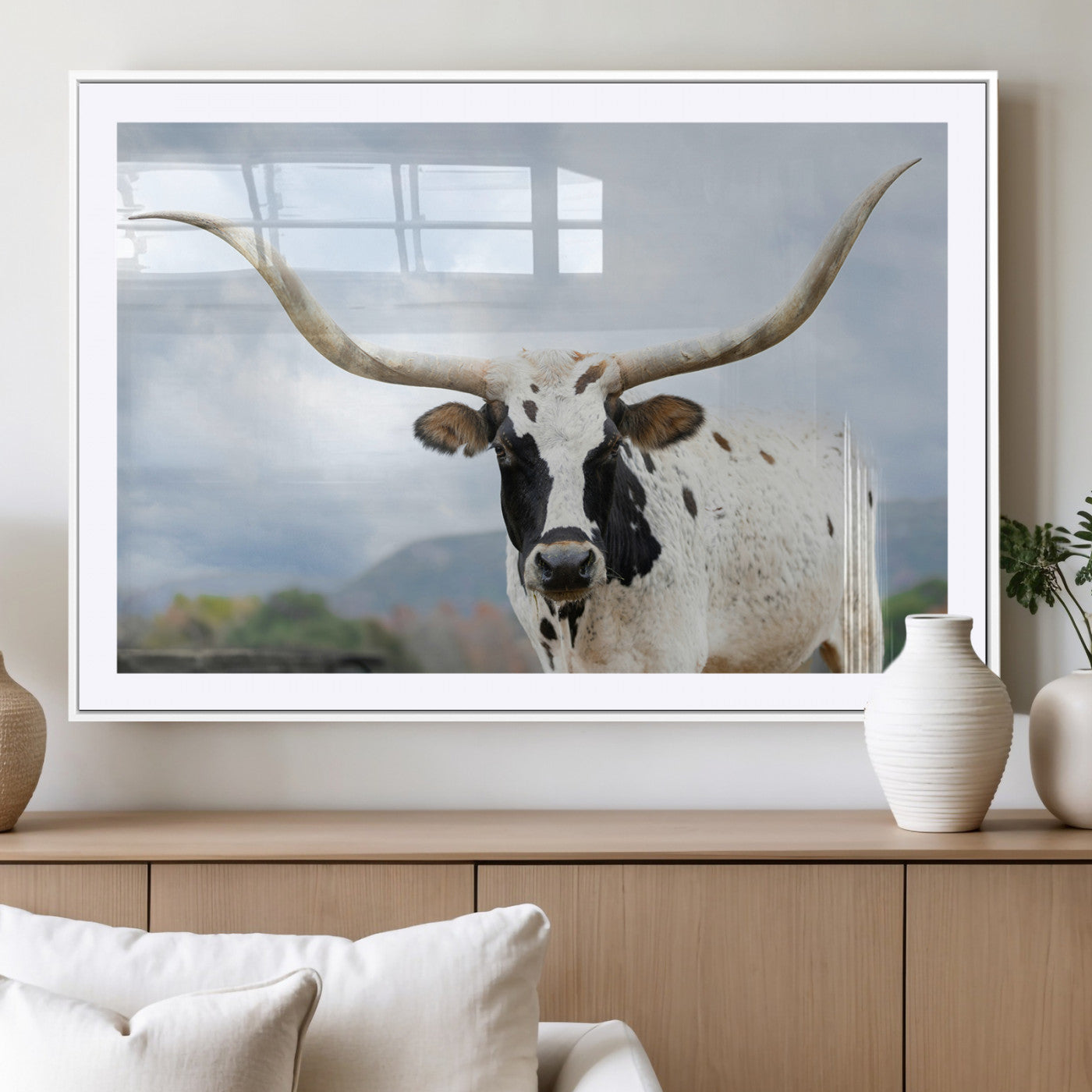 MGC-FP-36x24 - Texas Longhorn Wall Art Canvas Print, Framed Western Rustic Art Picture Print, Farmhouse Decor Perfect Farmhouse Decor Artwork