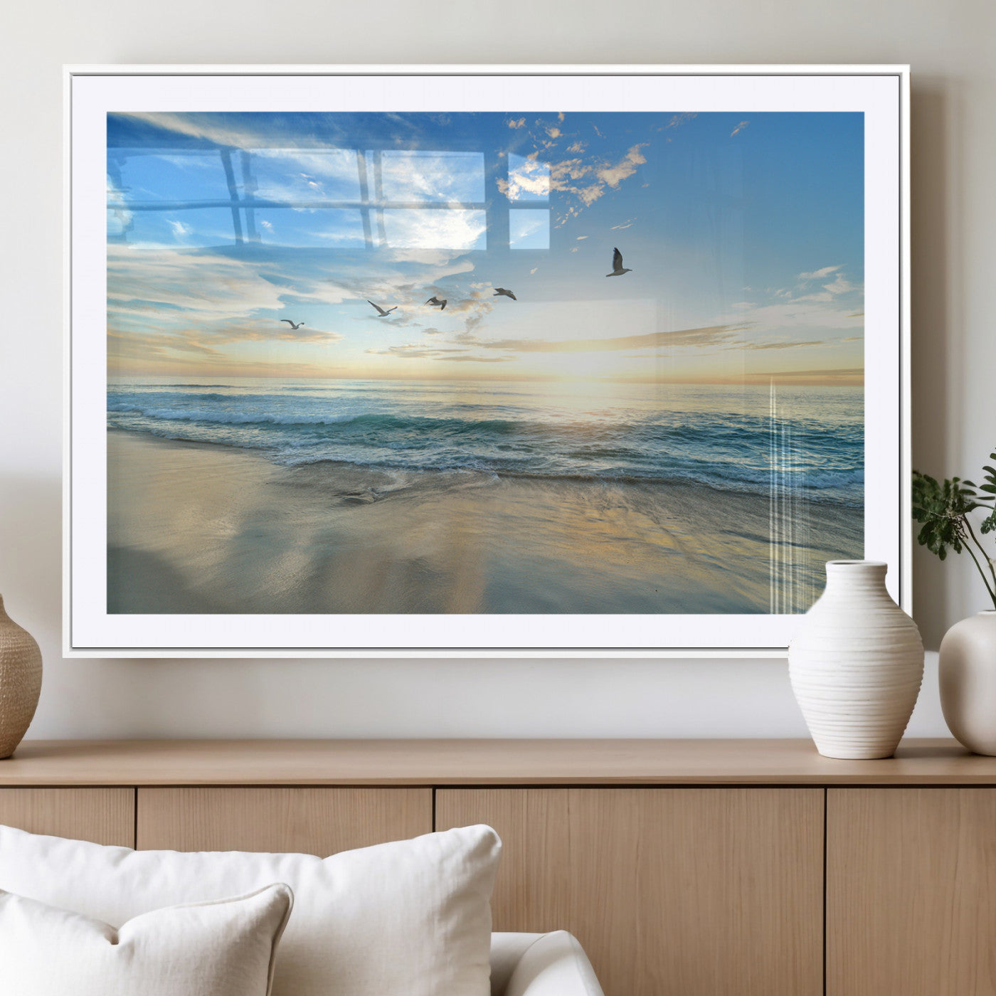 MGC-FP-36x24 - Minimalist Seaside Wall Art Canvas Print, Framed Morning Glow Art Picture Print, Golden Reflections Perfect Coastal Minimalist Decor Artwork