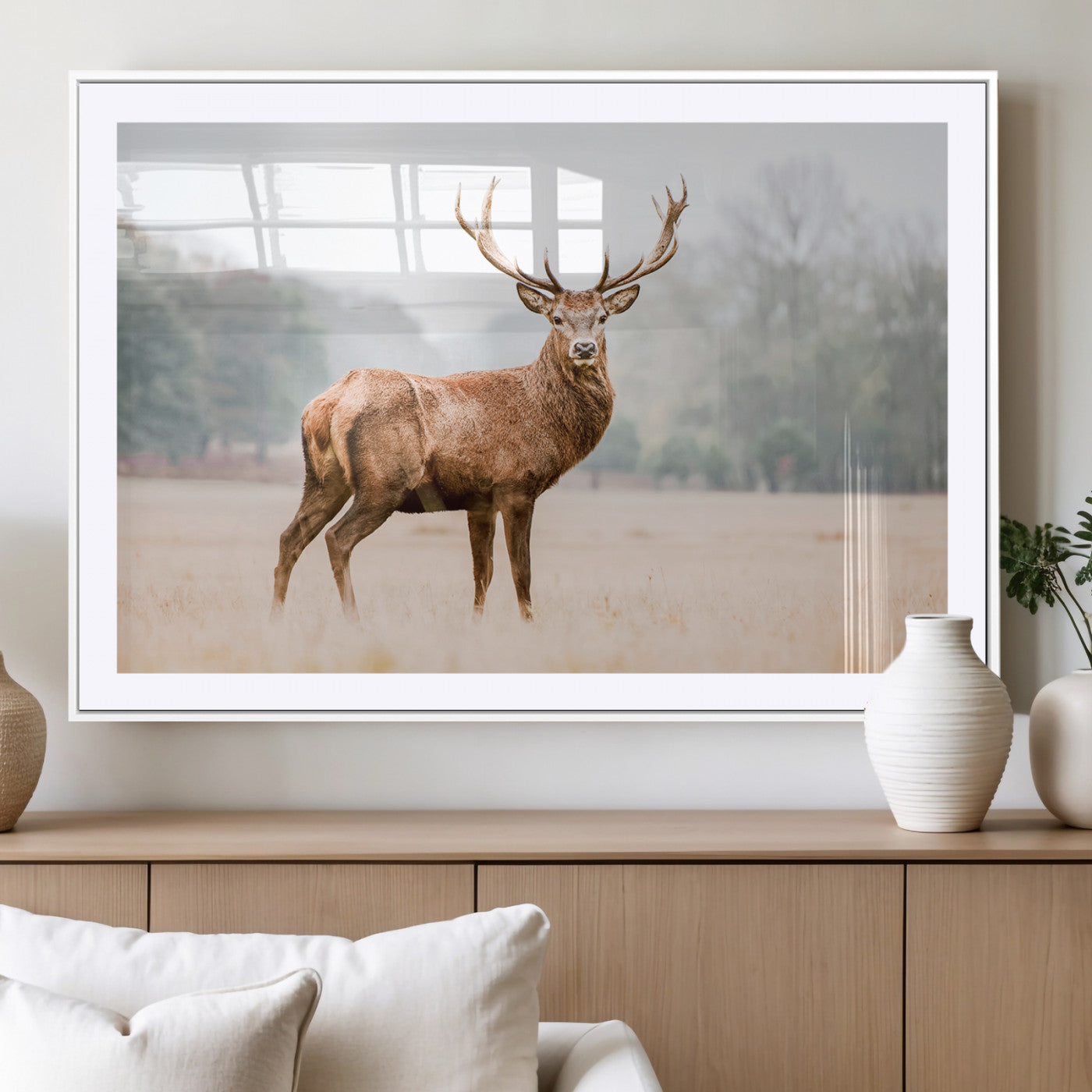 MGC-FP-36x24 - Vintage Wildlife Art Wall Art Canvas Print, Framed Misty Landscape Art Picture Print, Deer Wall Art Perfect Rustic Wildlife Decor Artwork