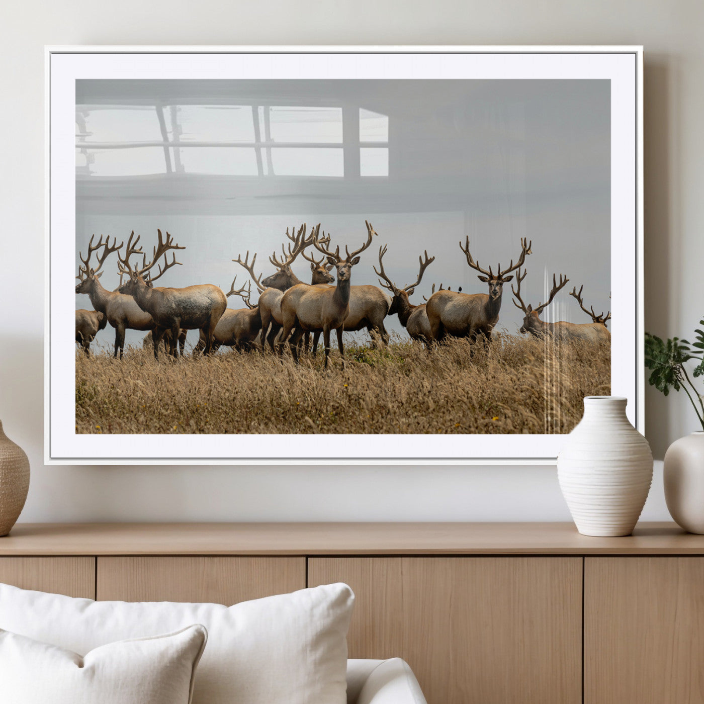 MGC-FP-36x24 - Elk Herd Wall Art Canvas Print, Framed Wildlife Photography Art Picture Print, Majestic Antlers Perfect Rustic Wildlife Decor Artwork