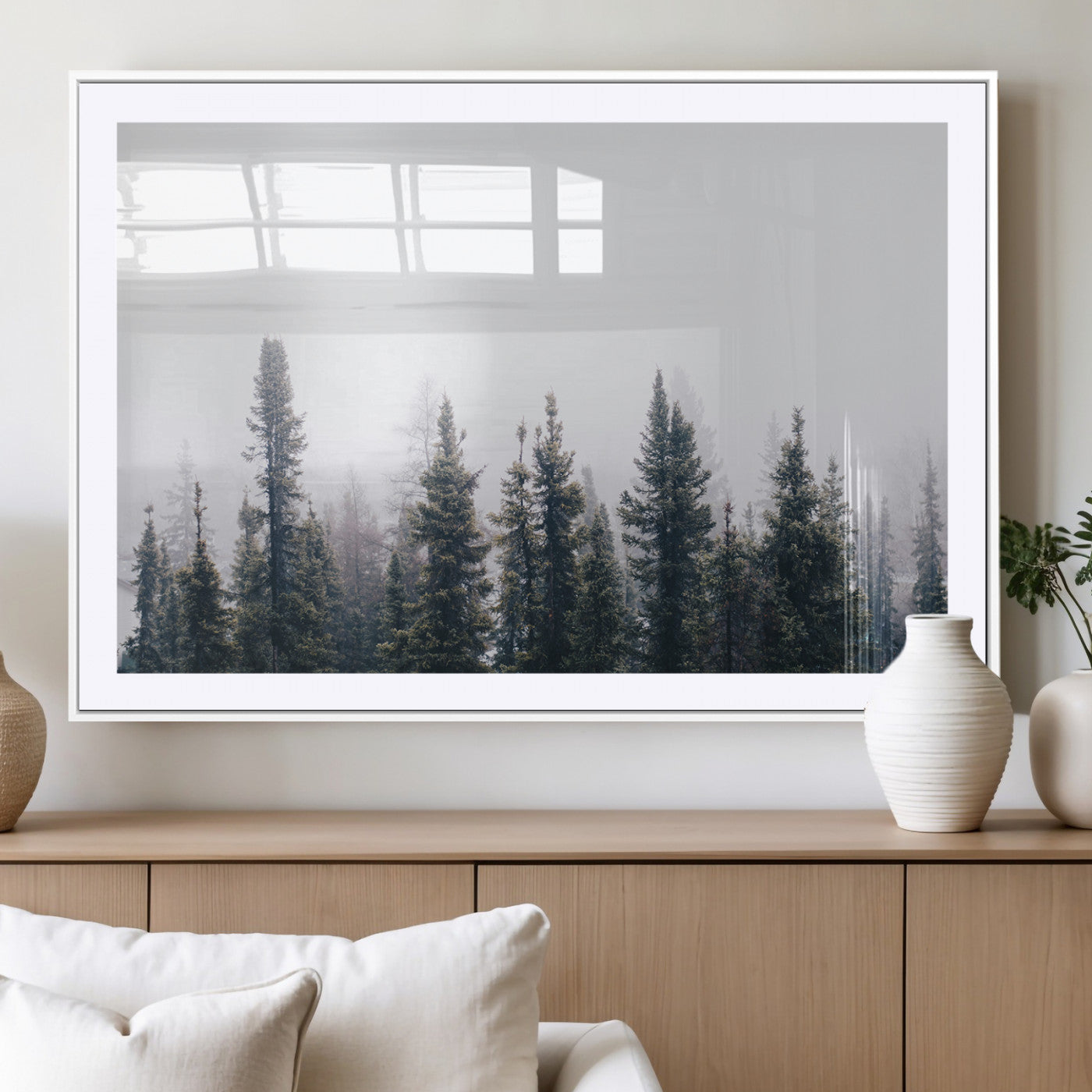MGC-FP-36x24 - Foggy Forest Wall Art Canvas Print, Framed Misty Pines Art Picture Print, Moody Woodland Perfect Scandinavian Minimalist Decor Artwork