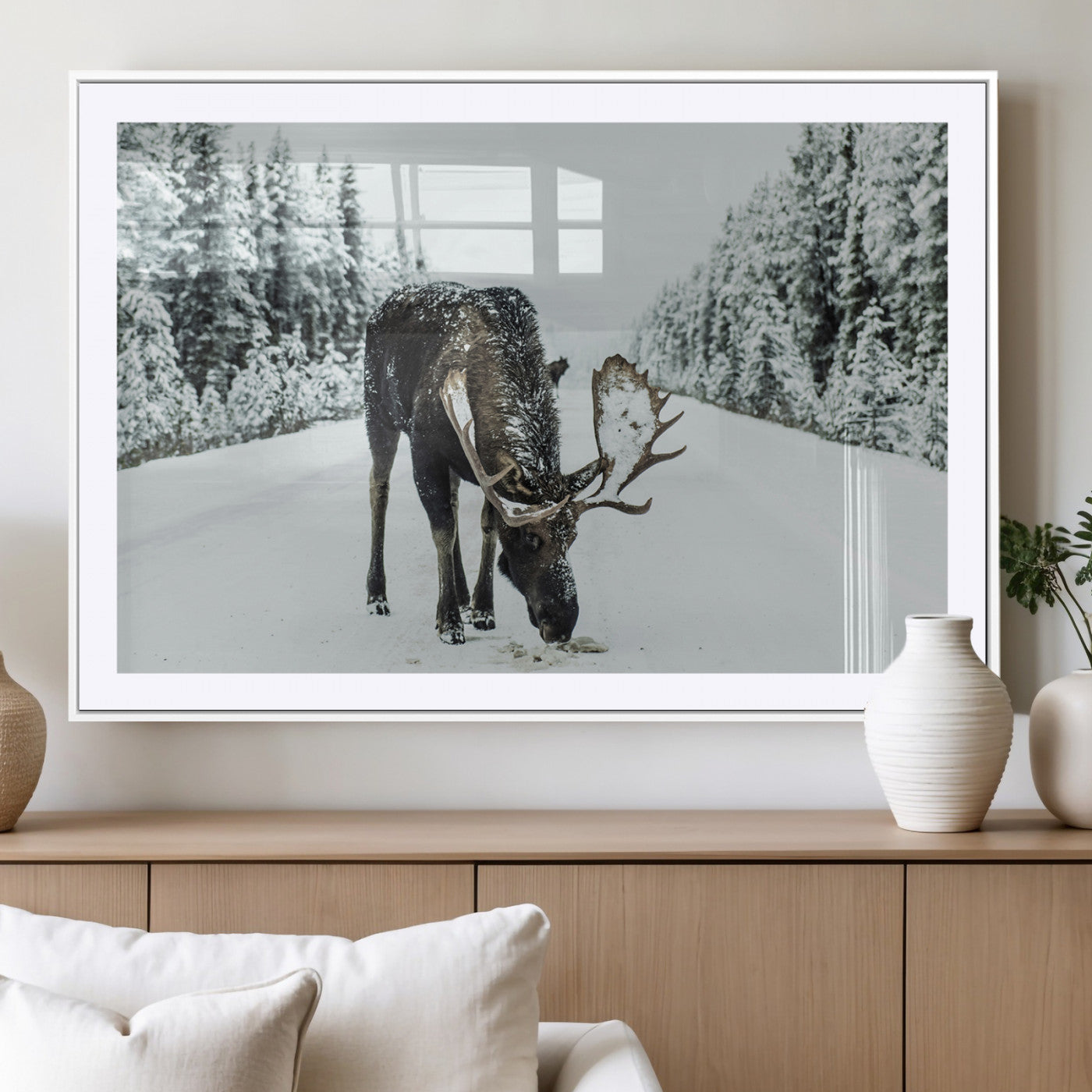MGC-FP-36x24 - Moose in Snow Wall Art Canvas Print, Framed Winter Wildlife Art Picture Print, Snowy Forest Scene Perfect Rustic Lodge Decor Artwork