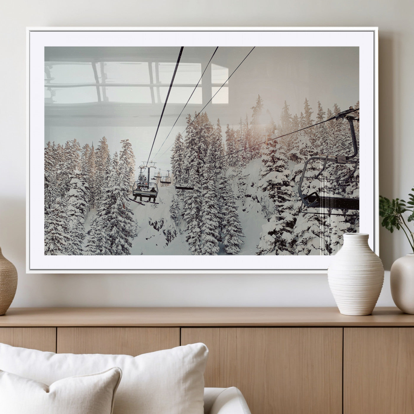 MGC-FP-36x24 - Frosty Pines Wall Art Canvas Print, Framed Cozy Cabin View Art Picture Print, Ski Lift Ride Perfect Rustic Lodge Decor Artwork