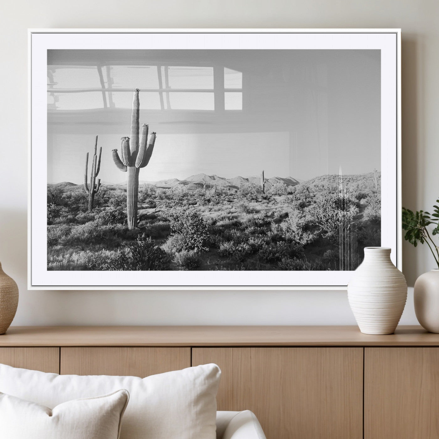 MGC-FP-36x24 - Saguaro Cactus Wall Art Canvas Print, Framed Monochrome Landscape Art Picture Print, Scenic Arizona View Perfect Minimalist Western Decor Artwork