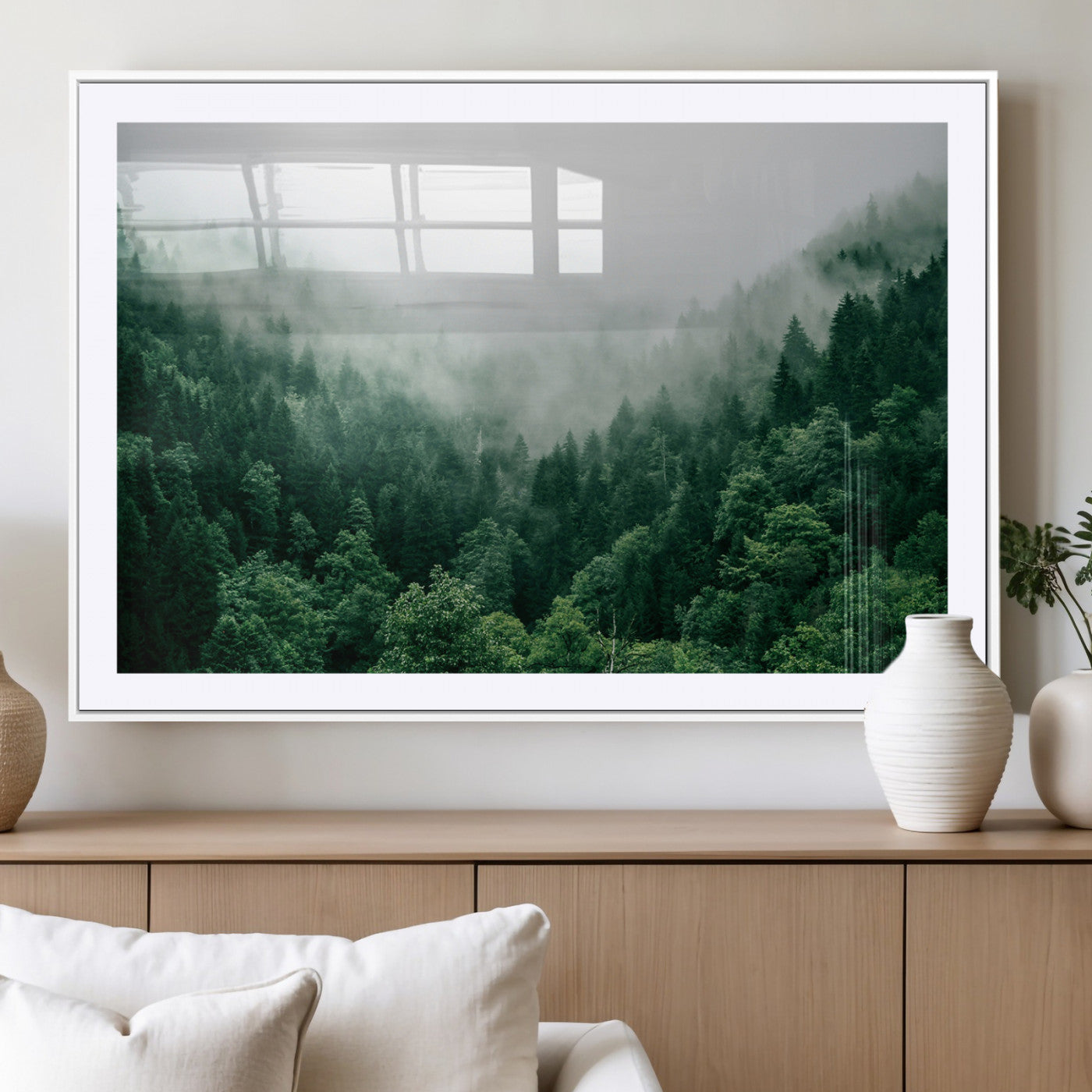 MGC-FP-36x24 - Misty Green Forest Canvas Print – Serene Foggy Pine Landscape Wall Art, Tranquil Nature Decor for