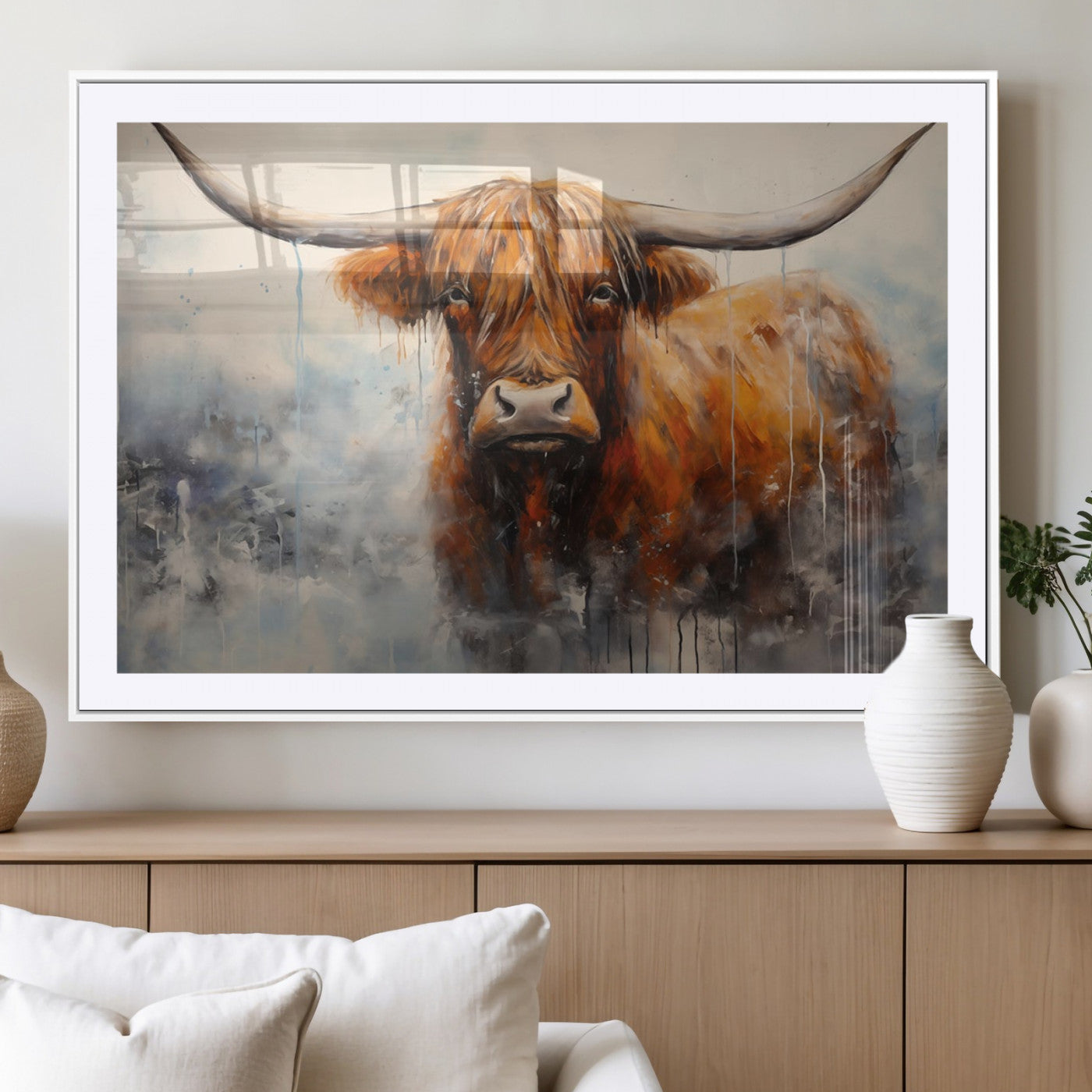 MGC-FP-36x24 - Scottish Highland Wall Art Canvas Print, Framed Longhorn Art Picture Print, Western Cow Perfect Farmhouse Decor Artwork
