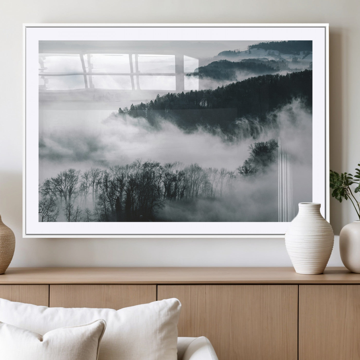 MGC-FP-36x24 - Foggy Forest Landscape Wall Art Canvas Print – Misty Mountain Valley Scene in Monochrome Tones,