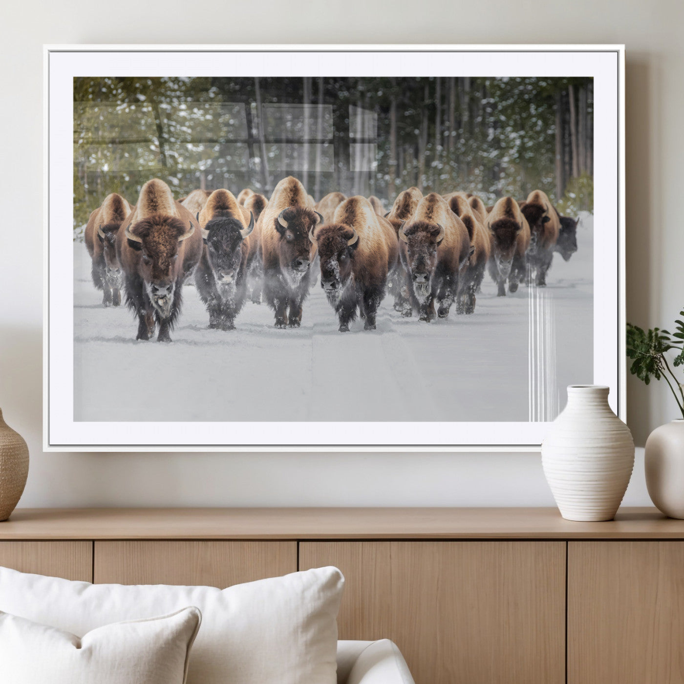 American Bison Herd in Snow Wall Art Canvas Print – Powerful Winter Wildlife Scene with Buffalo in Motion, Perfect for Rustic Lodge or Western Cabin Decor