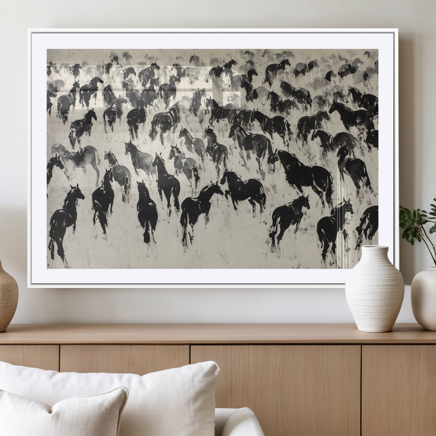 MGC-FP-36x24 - Wild Horse Stampede Wall Art Canvas Print – Monochrome Ink Brush Painting of Running Horses, Perfect