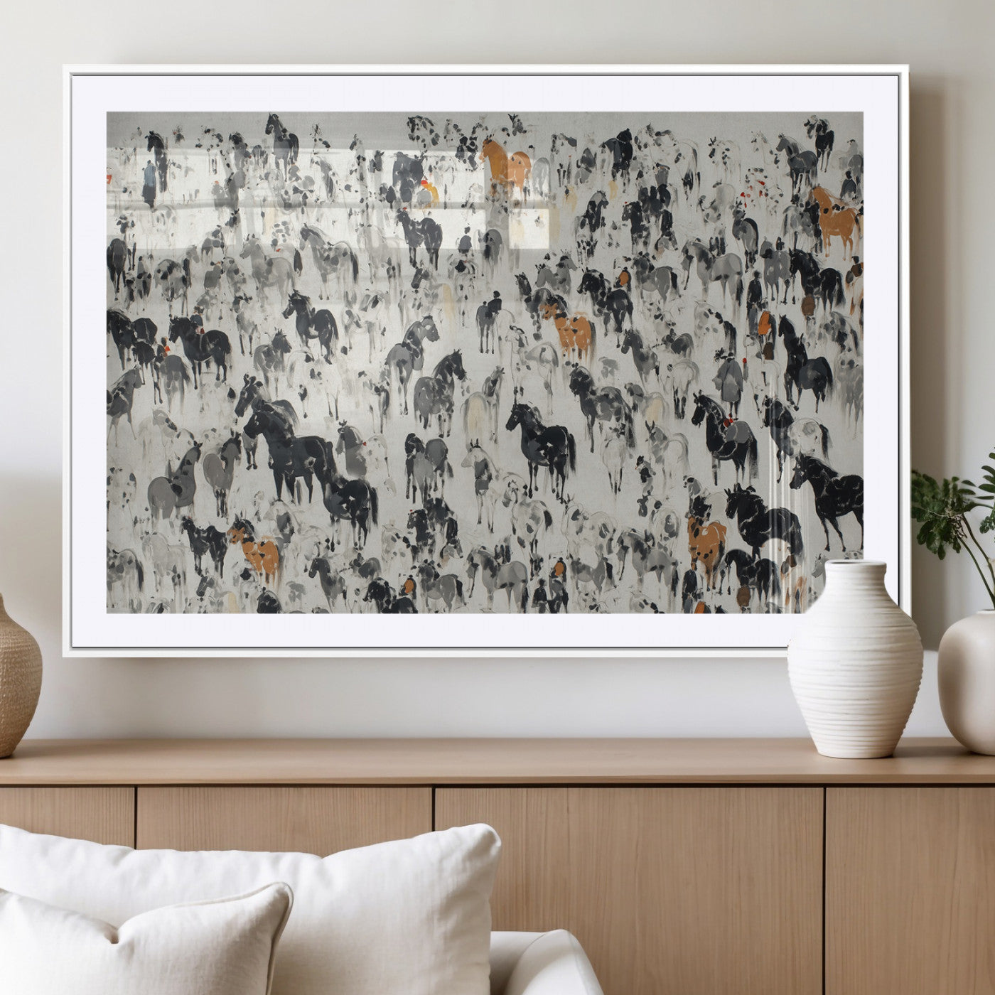 MGC-FP-36x24 - Wild Horse Stampede Wall Art Canvas Print – Monochrome Ink Brush Painting of Running Horses, Perfect