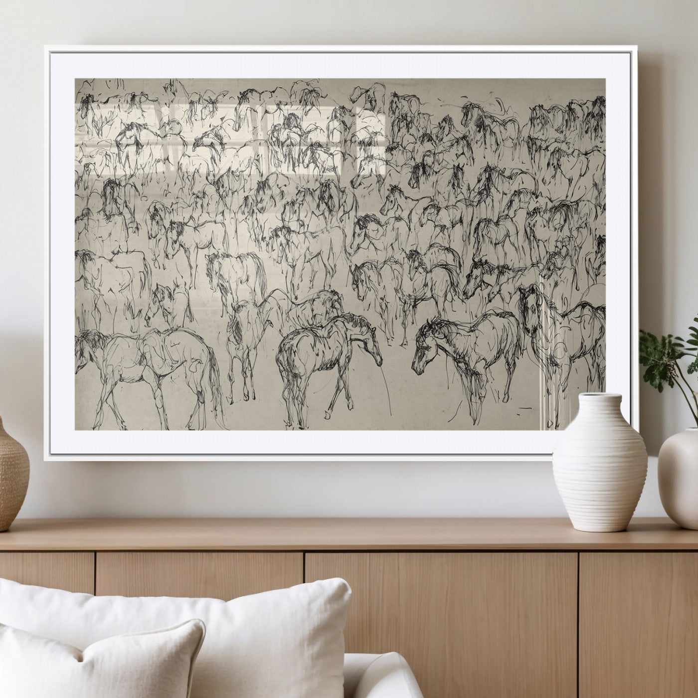 MGC-FP-36x24 - Wild Horse Stampede Wall Art Canvas Print – Monochrome Ink Brush Painting of Running Horses, Perfect