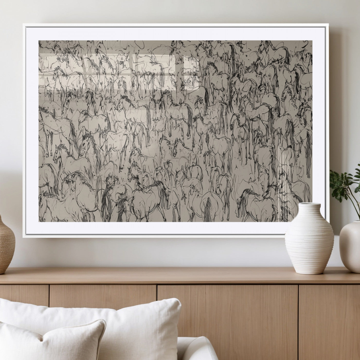 MGC-FP-36x24 - Wild Horse Stampede Wall Art Canvas Print – Monochrome Ink Brush Painting of Running Horses, Perfect