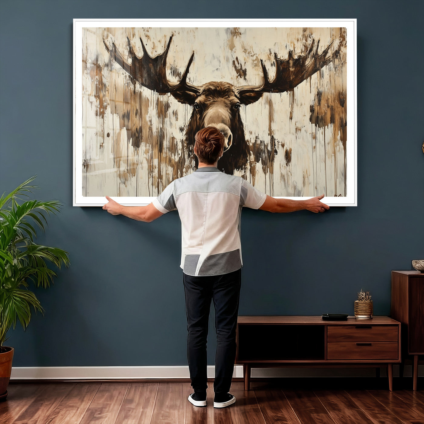 34496536-MGV-CV-36X24 - Powerful Moose Portrait Wall Art – Rich Earthy Tones, Expressive Brushstrokes, Striking Gaze, Raw Nature Vibes Decor for Home or Office