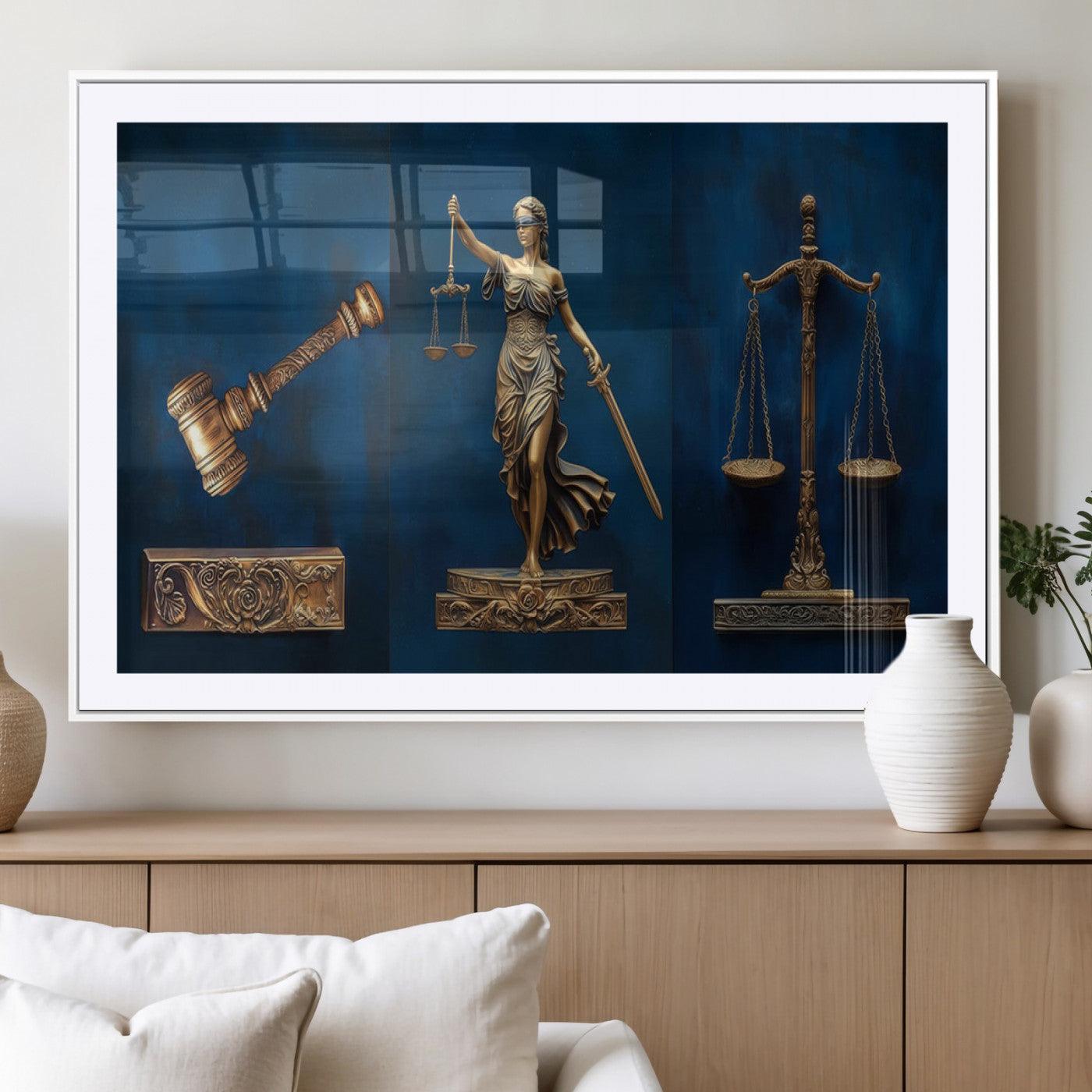 MGC-FP-36x24 - Lady Justice Wall Art Canvas Print – Elegant Gold Legal Symbols on Blue Background, Perfect for Law