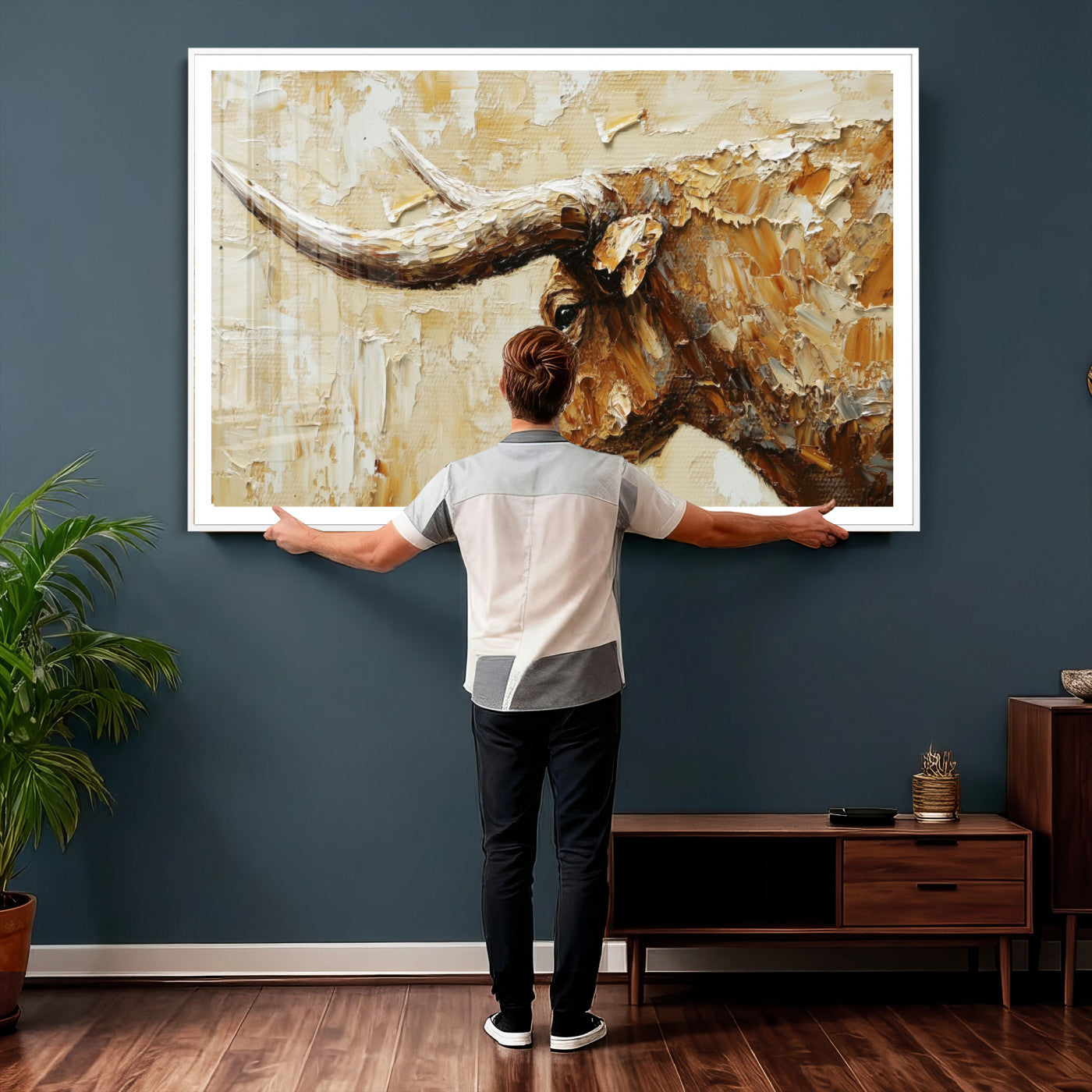 69611428-MGV-CV-36X24 - Rustic Longhorn Bull Wall Art Canvas Print – Vintage Western Cattle Painting, Texas Abstract Wall Cow Prints