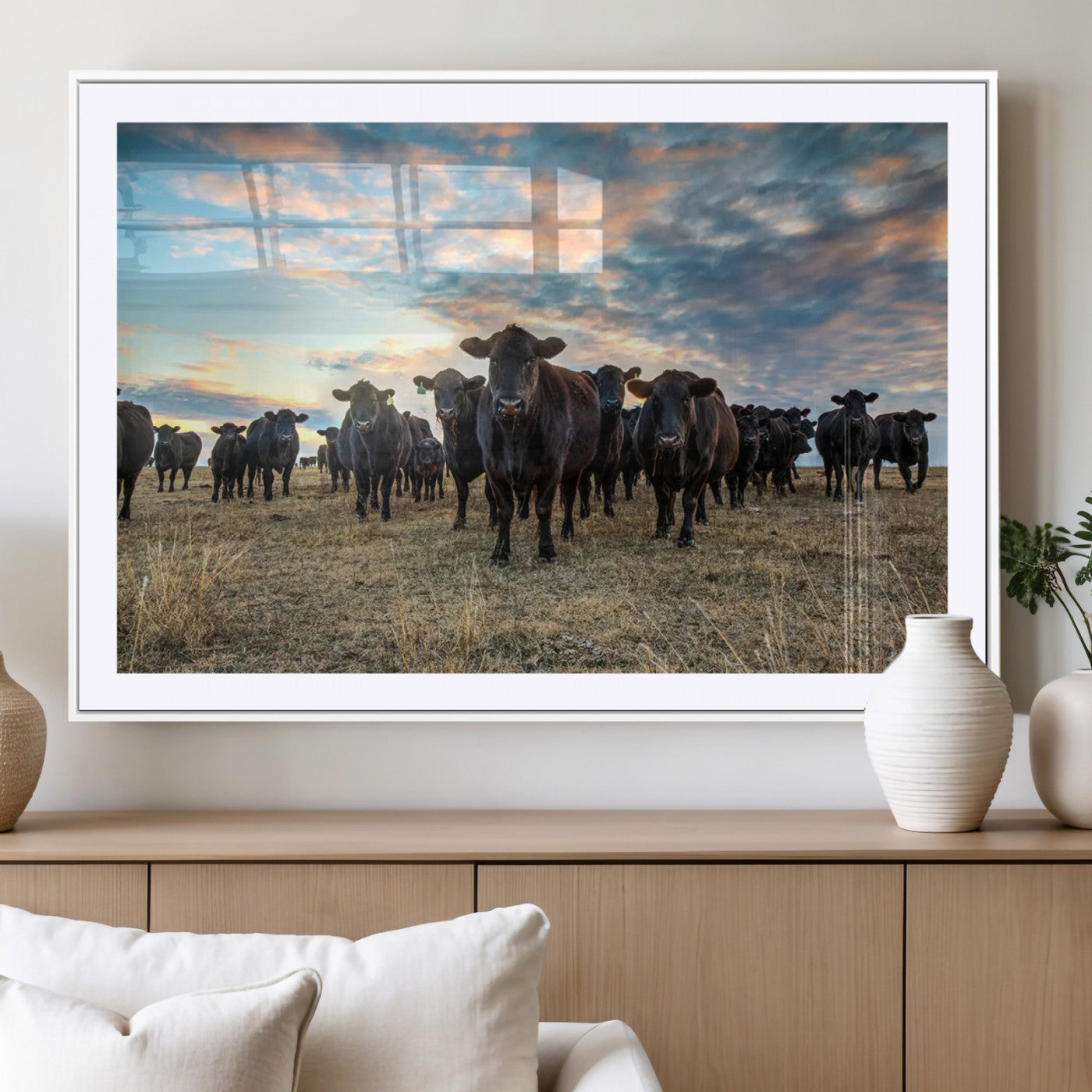MGC-FP-36x24 - Texas Longhorn Cattle Wall Art Canvas Print – Rustic Western Ranch Scene with Steers at Sunset,