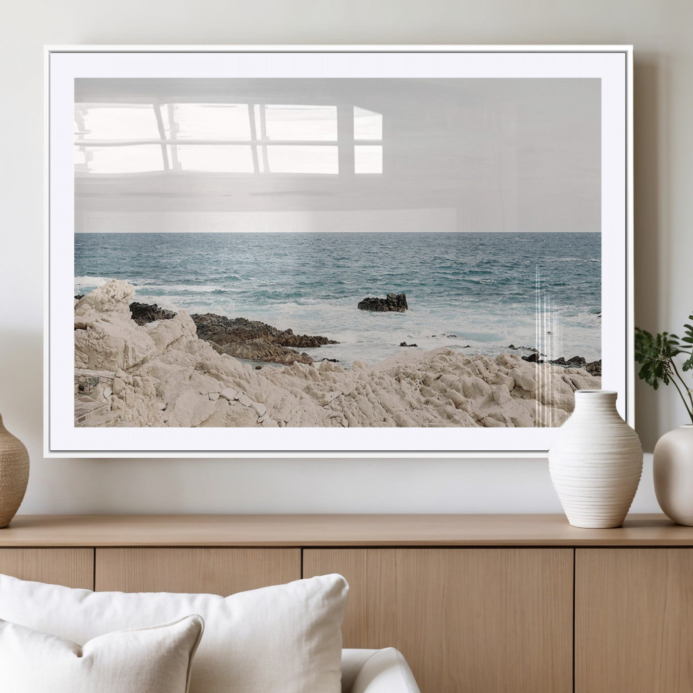 MGC-FP-36x24 - Coastal Ocean View Wall Art Canvas Print – Serene Rocky Shoreline and Blue Sea Photography for