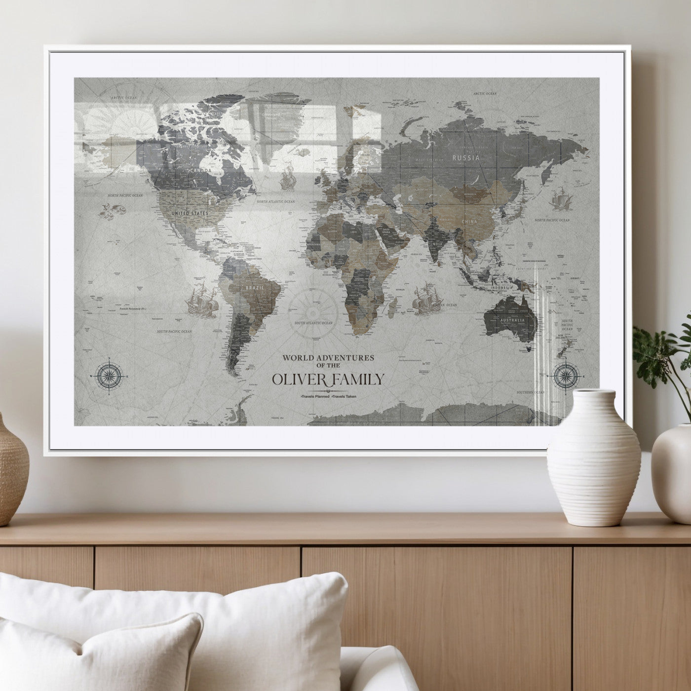 MGC-FP-36x24 - Custom Push Pin World Map Wall Canvas Print – Personalized Travel Tracker with Pins – Framed Large Multi-Size Canvas for Home Office Decor