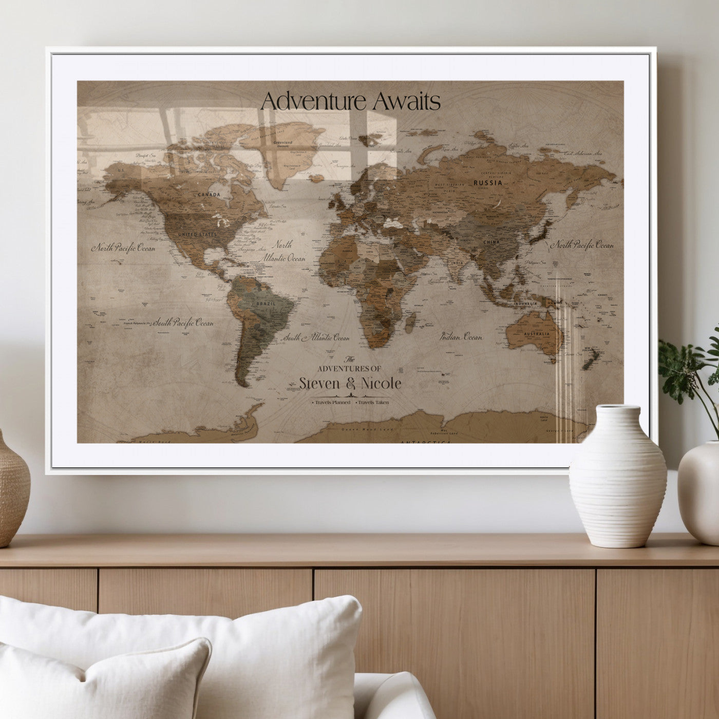 MGC-FP-36x24 - Custom Push Pin World Map Wall Canvas Print – Personalized Travel Tracker with Pins – Framed Custom Quotie Canvas for Home Office Decor