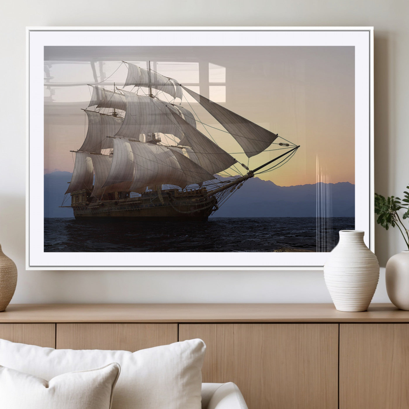 A majestic sailing ship with full sails, gliding through the ocean at sunset, with the soft glow of the sky casting a serene backdrop.