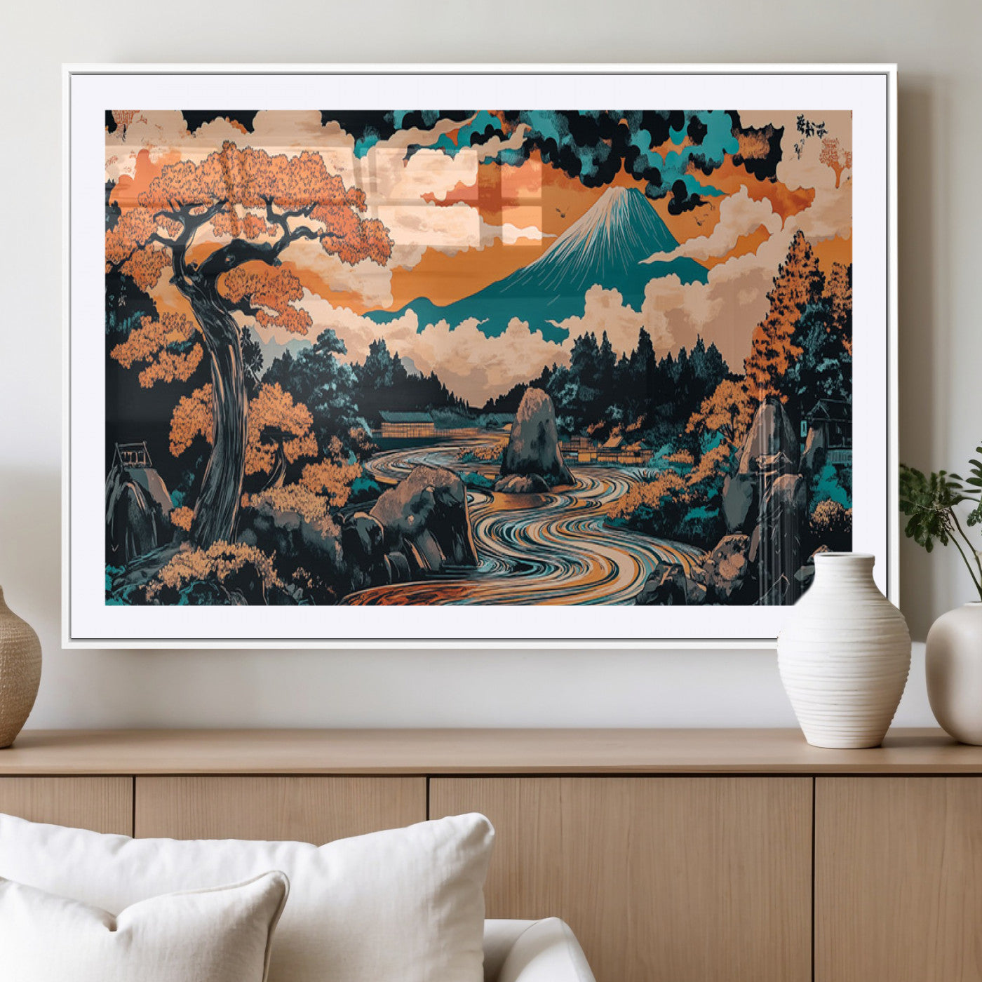 A vibrant Japanese-inspired landscape featuring Mount Fuji, a winding river, and autumn-colored trees under a dramatic sky, in bold and vivid hues.