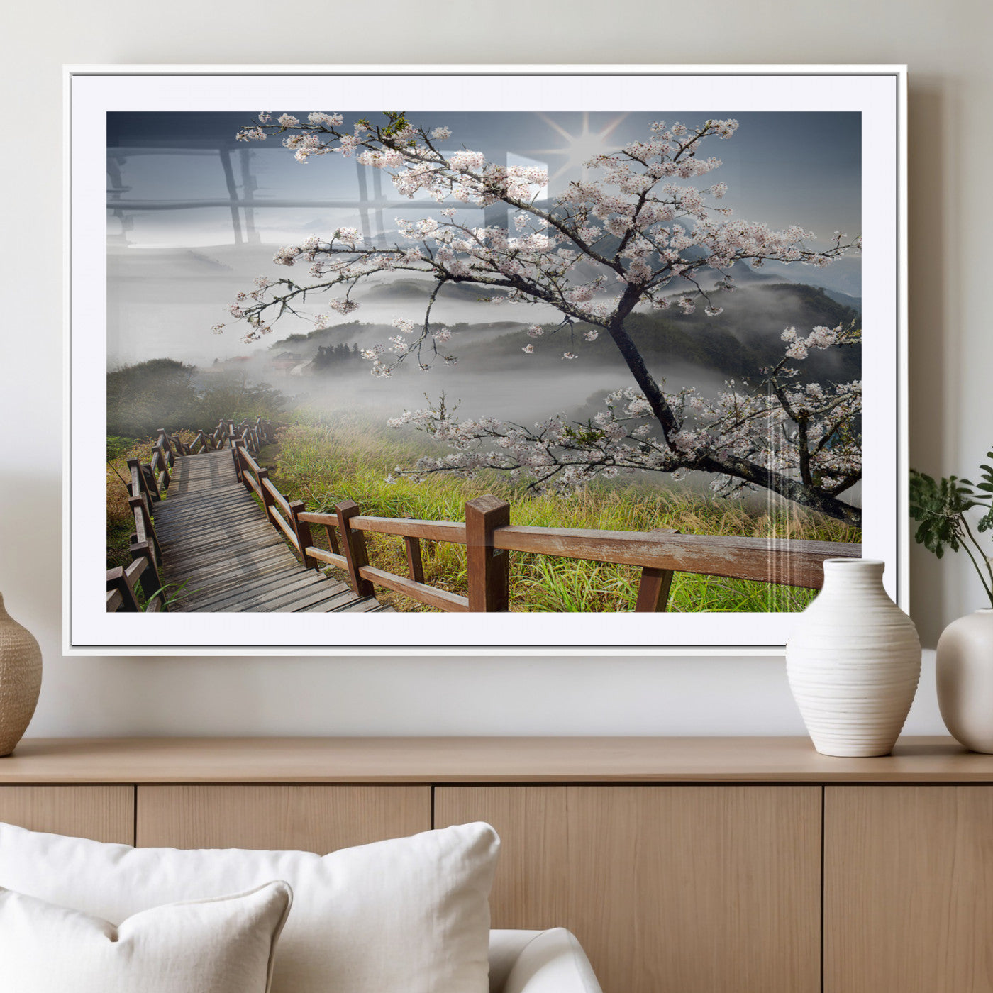 34632598CRY-MGC-FP-36x24_Black-Sakura Cherry Blossom Pathway Canvas Wall Art – Tranquil Walk Through Blossoming Nature – Ready to