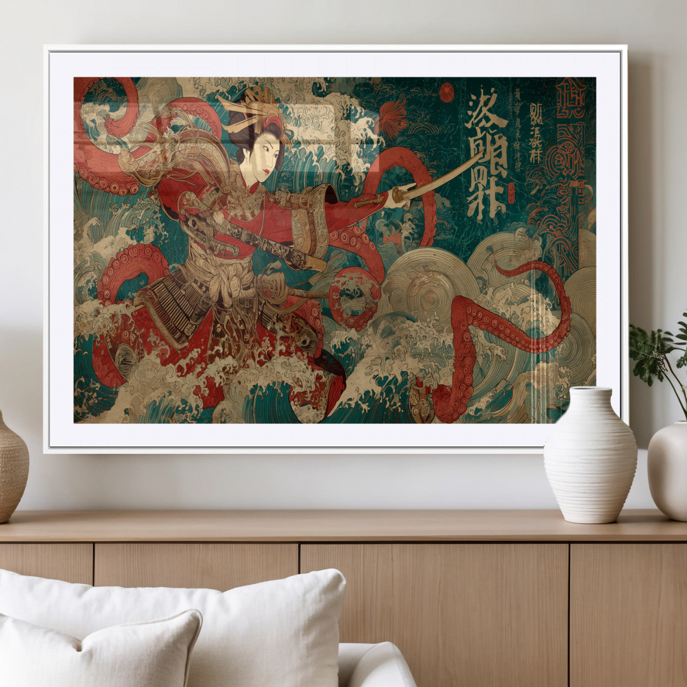 MGC-FP-36x24 - Tsukioka Yoshitoshi Samurai Wall Art Print, Japanese Katana Warrior Canvas Wall Art, Octopus Sea Monster Canvas Print,