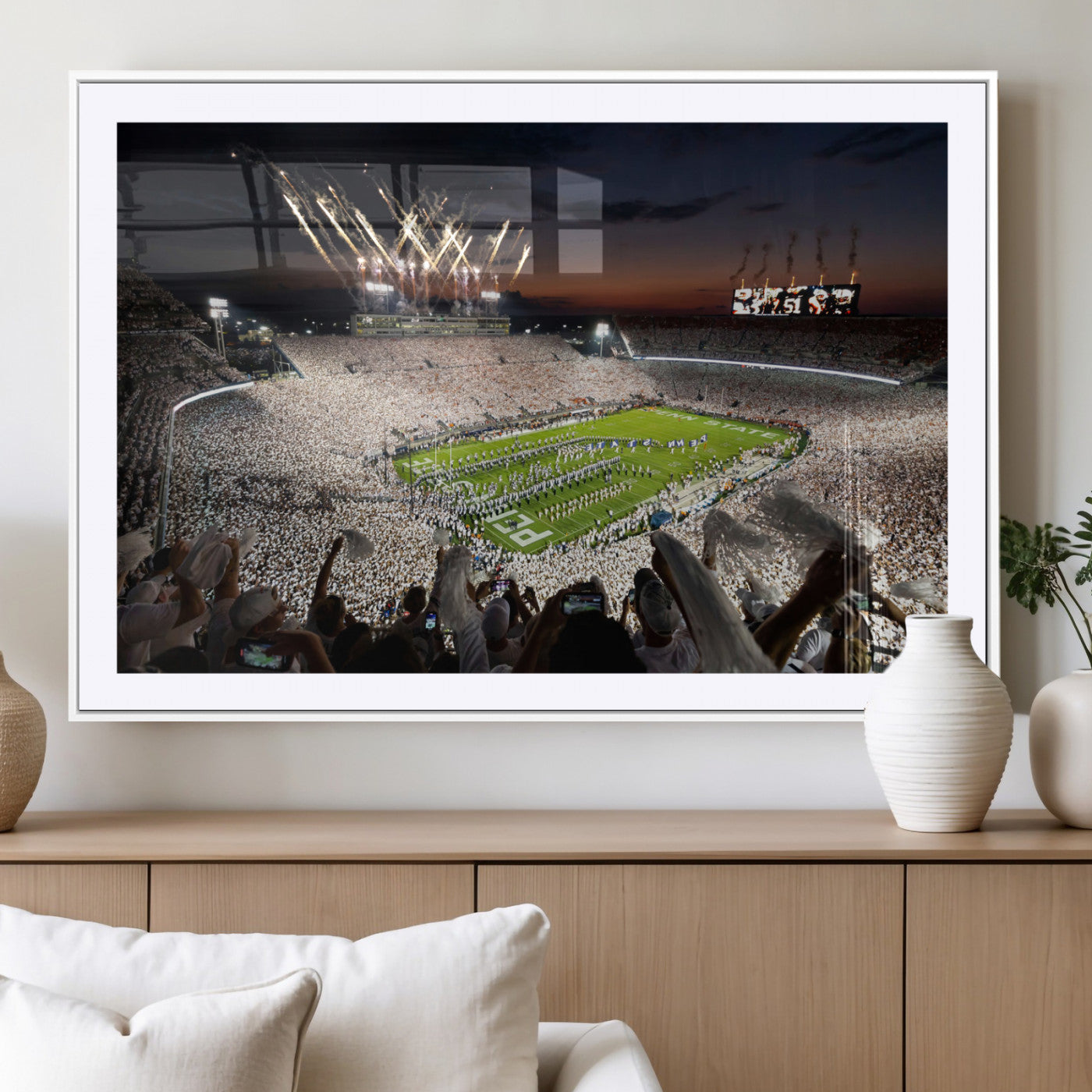 Penn State Stadium Wall Art Print, White Out Football Game Canvas Wall Art, Framed Sports Stadium, Large College Football Canvas Print for Game Room - Man Cave + 555