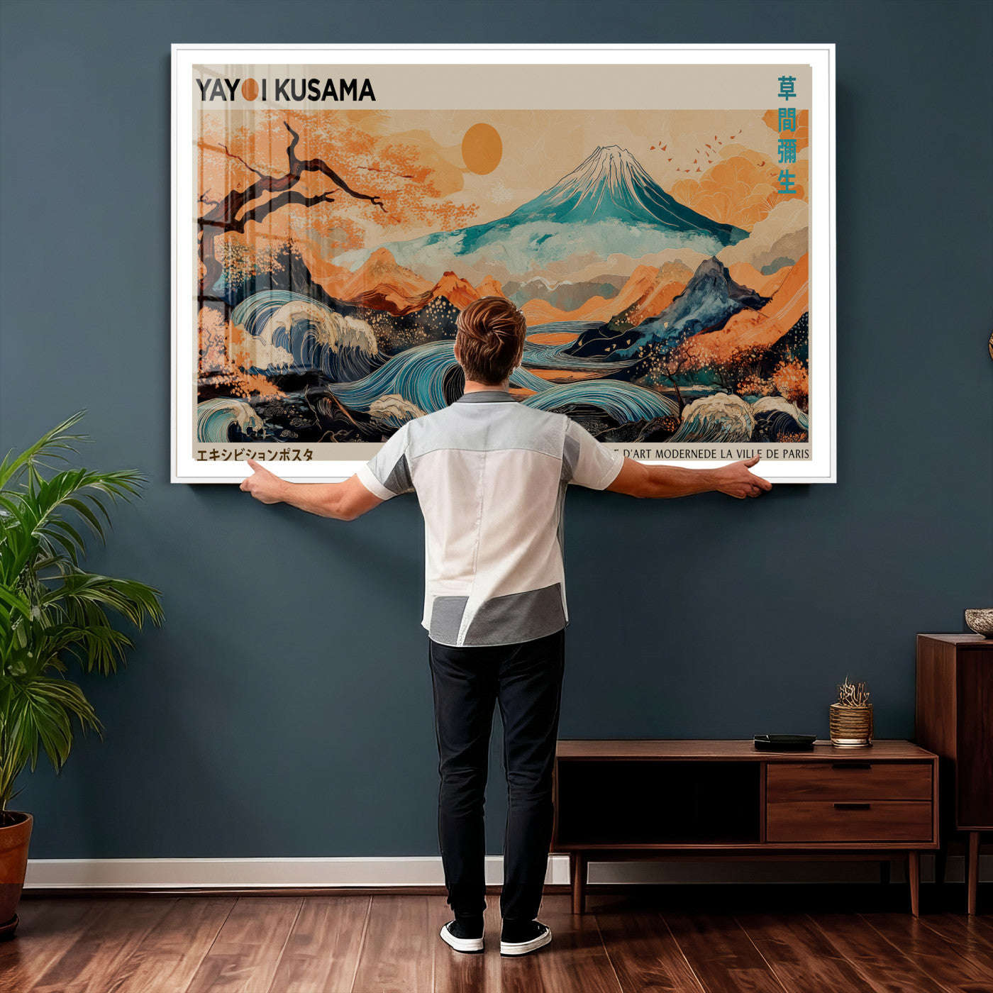 94085549-MGV-CV-36X24 - Yayoi Kusama Japanese Landscape Wall Art Canvas Print – Modern Abstract Mount Fuji Wall Art - Japanese Waves & Autumn Trees Print