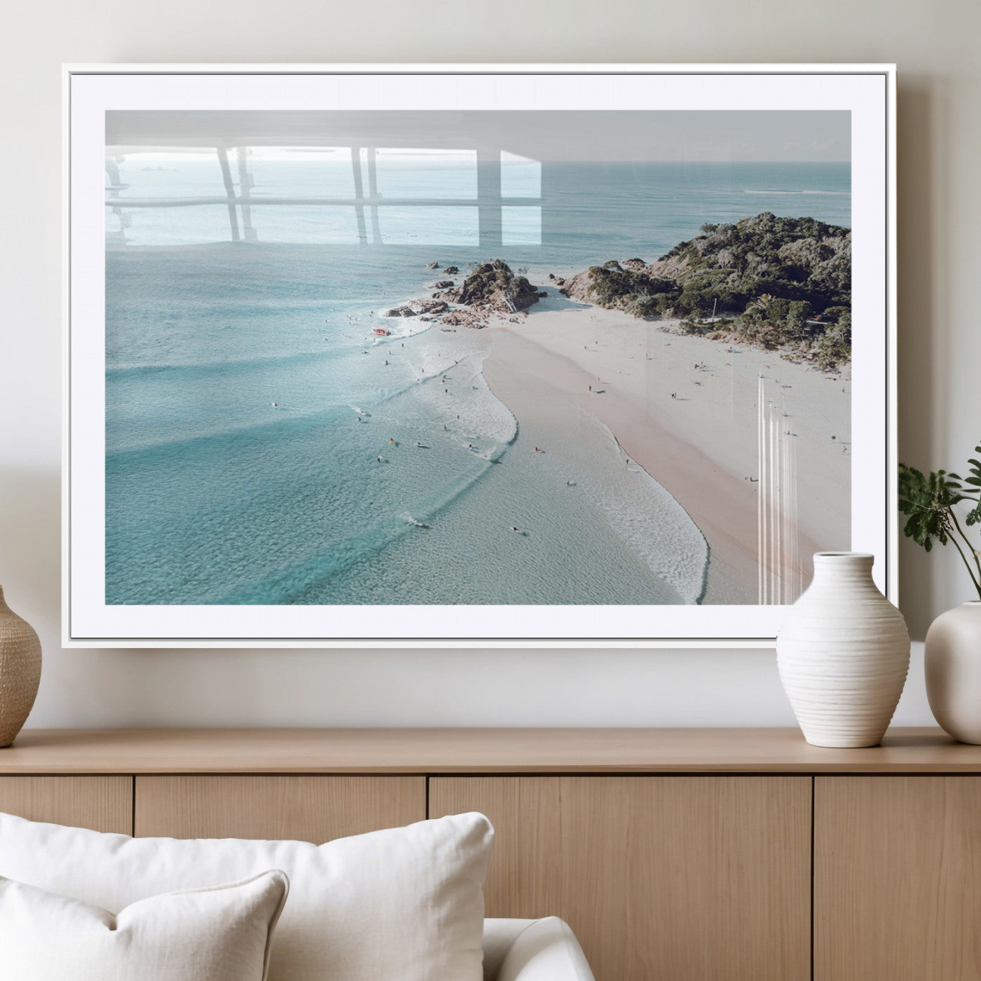 79395467-MGC-FP-40x30_White-Aerial Beach Canvas Wall Art Print, Coastal Ocean Waves and Surfers, Large Scenic Seaside Canvas for Home or Office 1 Panel Wrapped Canvas