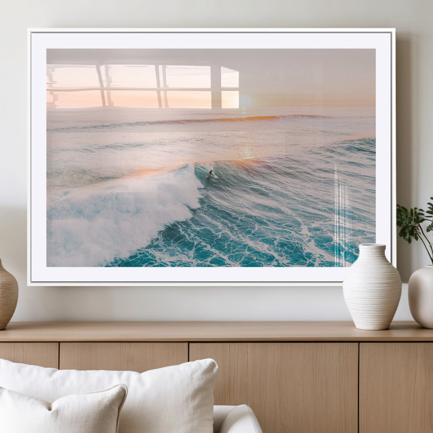 34064591-MGC-FP-40x30_White-Sunset Surfing Canvas Wall Art Print, Ocean Wave Surfer Decor, Large Coastal Surf Canvas for Beach House or Living Room 1 Panel Wrapped Canvas