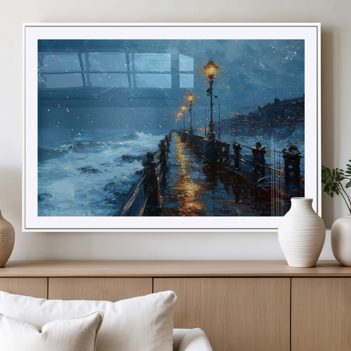 "Impressionistic painting of a stormy pier with street lamps glowing, waves crashing, and a misty ocean under a blue sky."