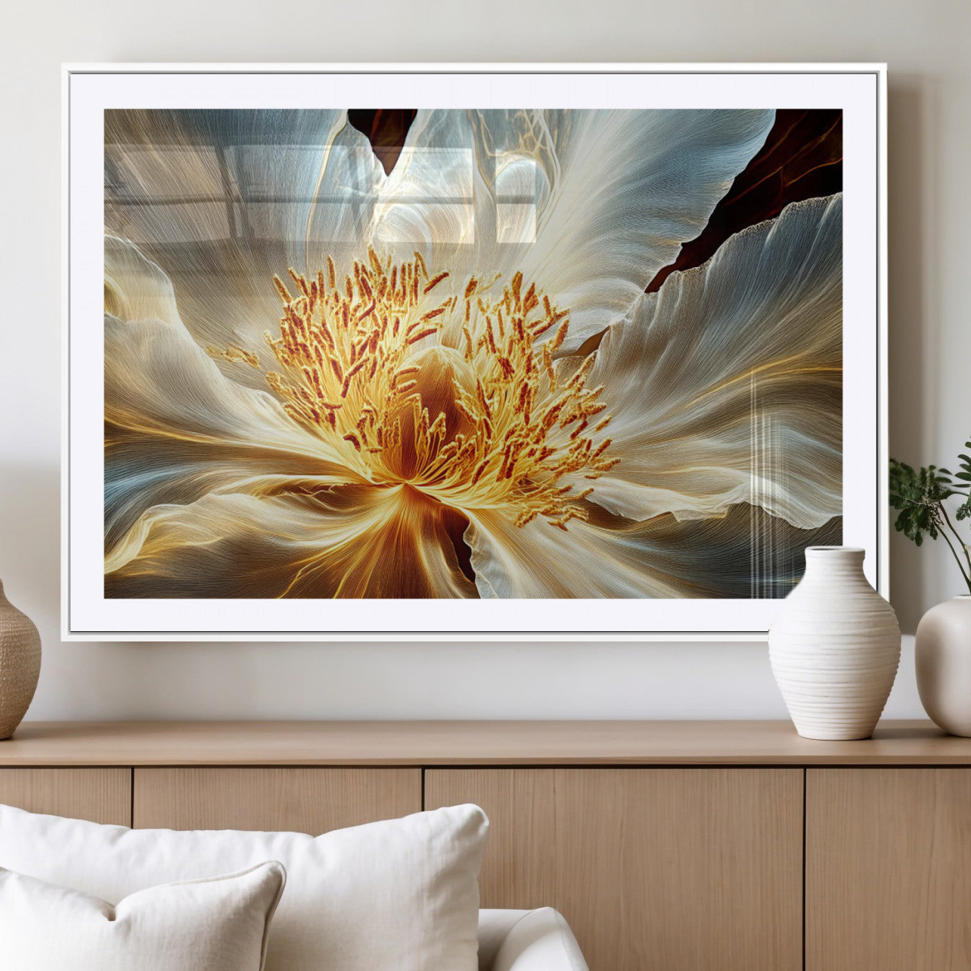 "Close-up of a glowing, abstract flower with delicate white petals and vibrant golden-yellow stamen against a dark background."