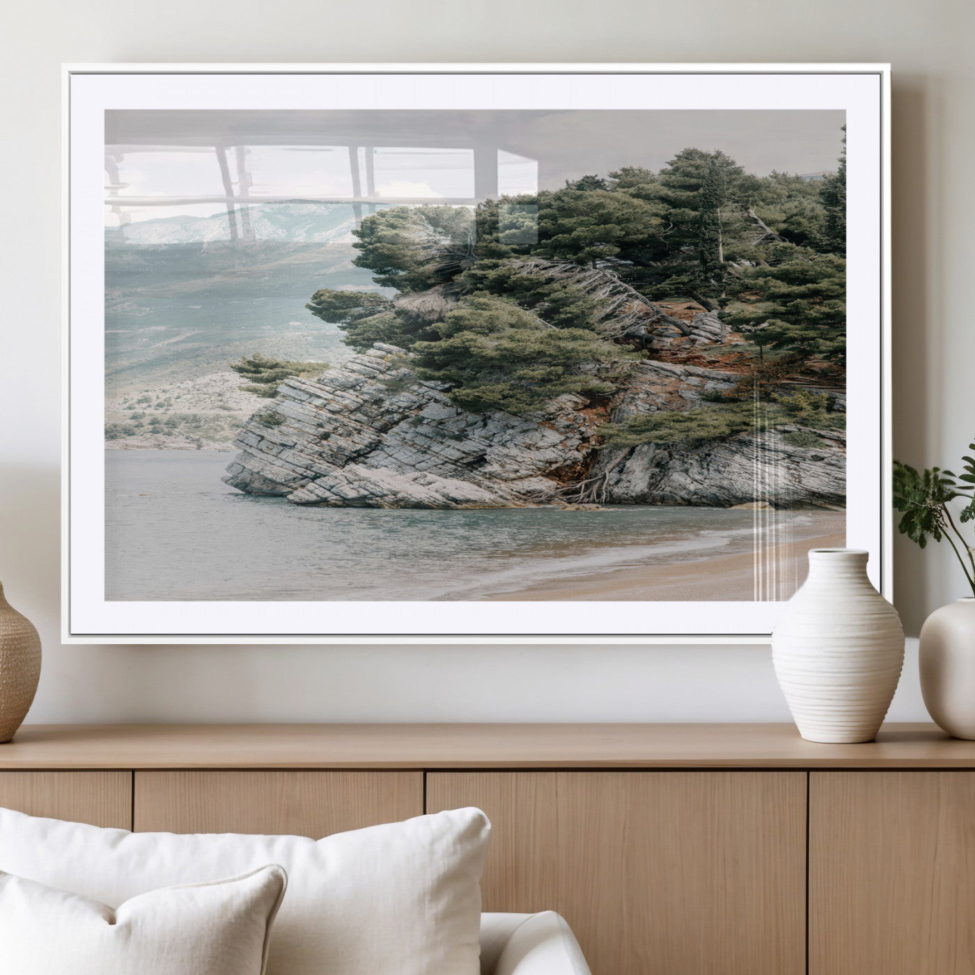 MGC-FP-36x24 - Coastal Rock Canvas Wall Art Print, Scenic Beach Landscape, Pine Trees on Rocky Cliff, Large Nature
