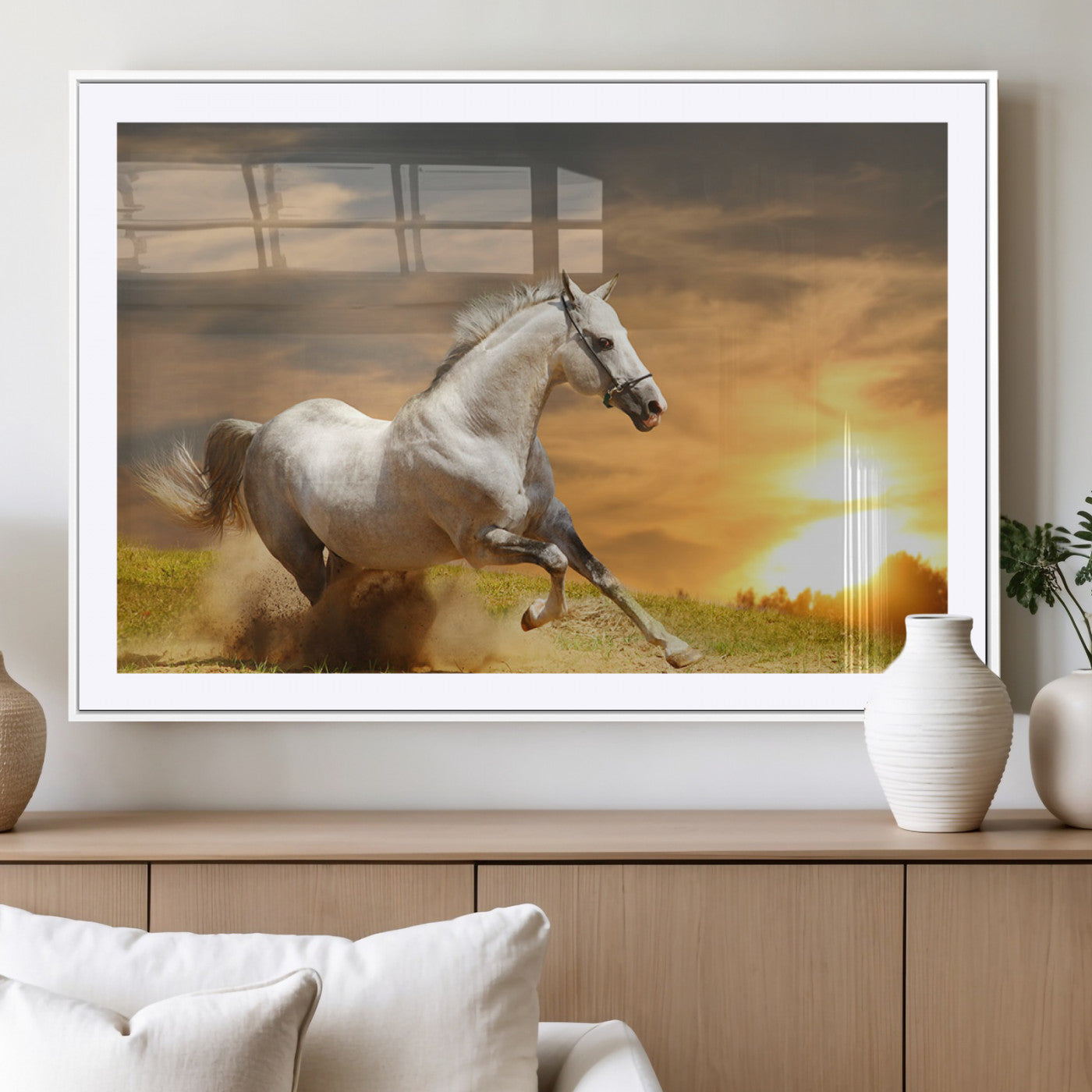 Powerful white horse galloping on a dusty field at sunset with a dramatic sky – Wall Art Canvas Print.