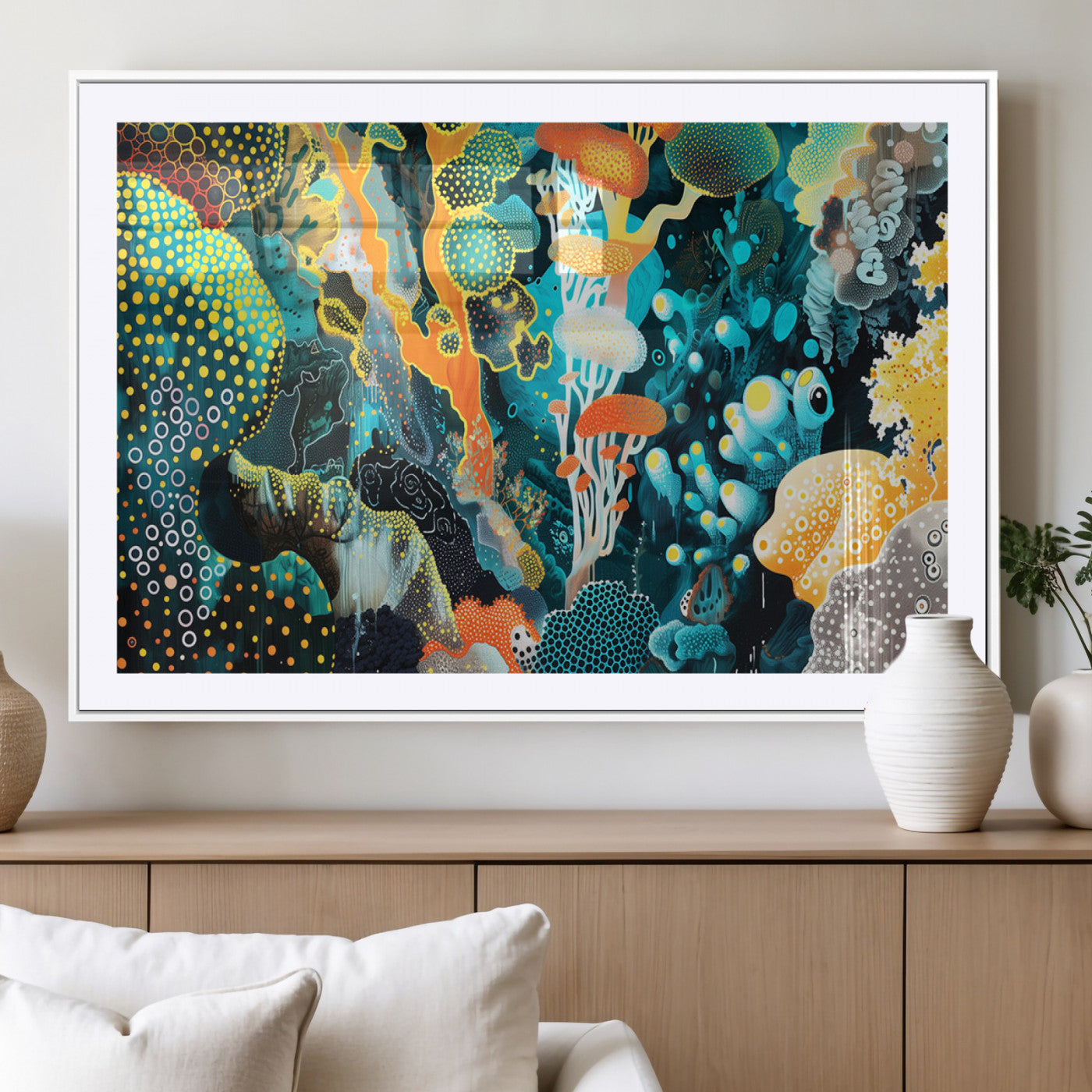 Colorful abstract coral reef scene featuring vibrant underwater plants, marine patterns, and fluid organic shapes – Wall Art Canvas Print.