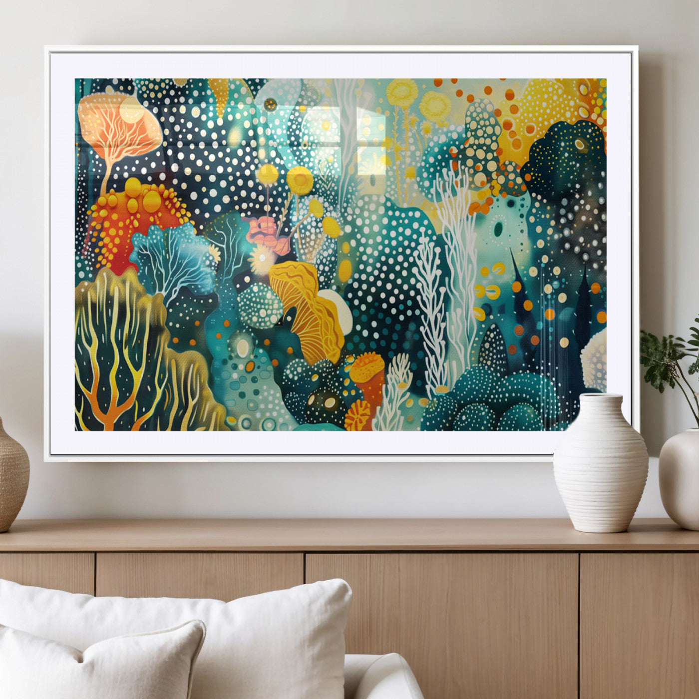 Abstract underwater coral reef illustration with vibrant colors, dotted textures, and stylized marine flora – Wall Art Canvas Print.
