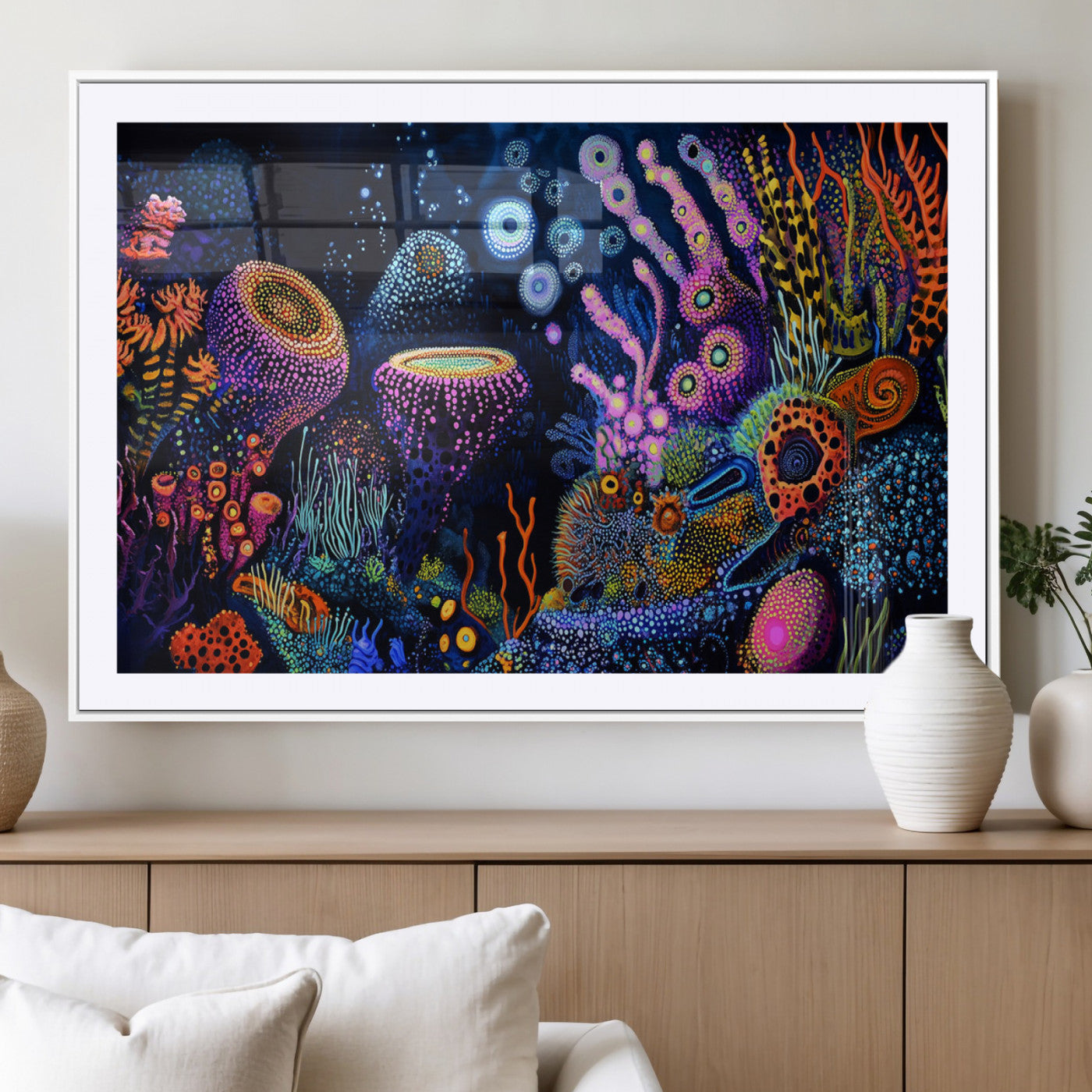 Vibrant and colorful abstract underwater coral reef artwork with diverse shapes and glowing patterns – Wall Art Canvas Print.