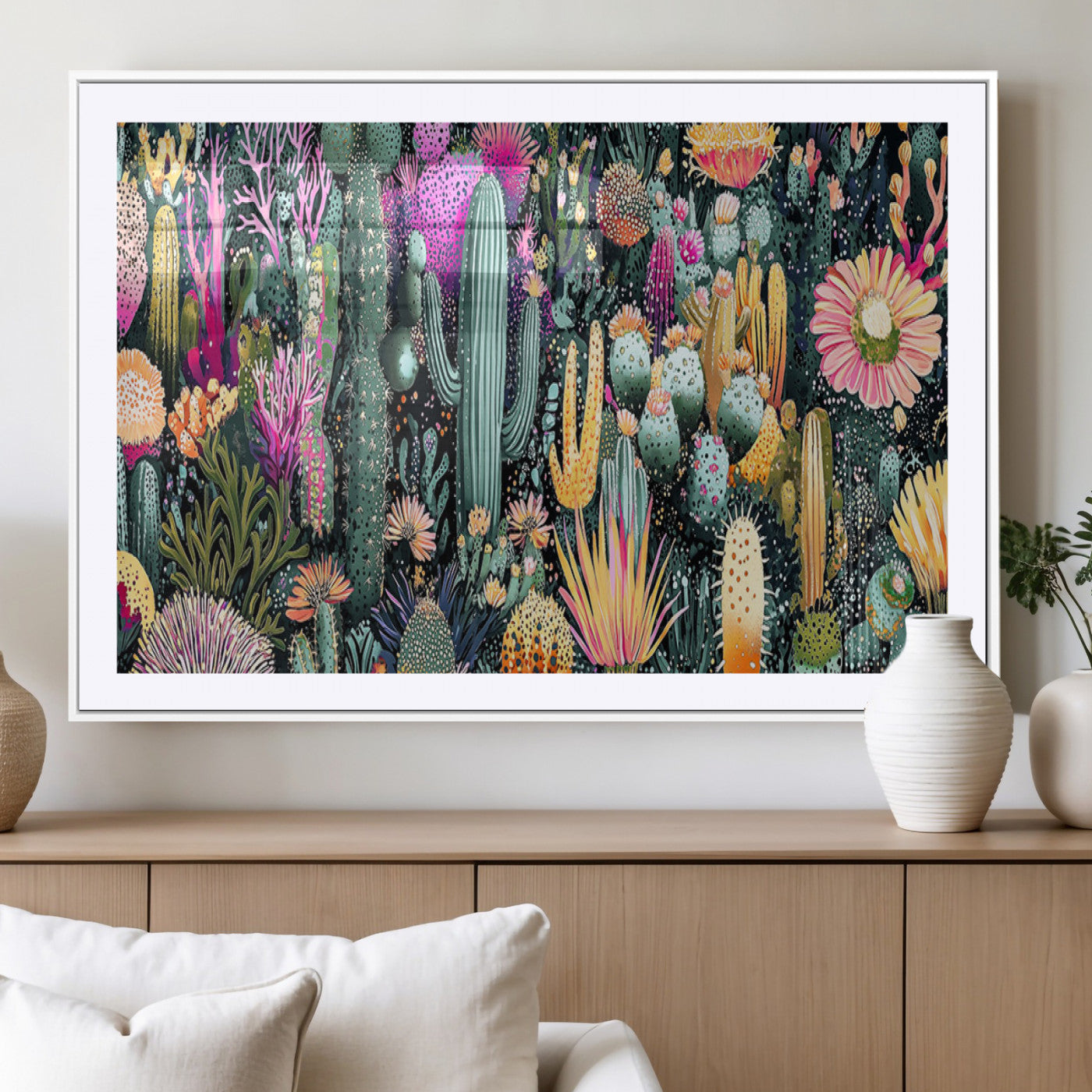 Colorful and detailed painting of various cacti and desert flowers in vibrant hues on a dark background – Wall Art Canvas Print.