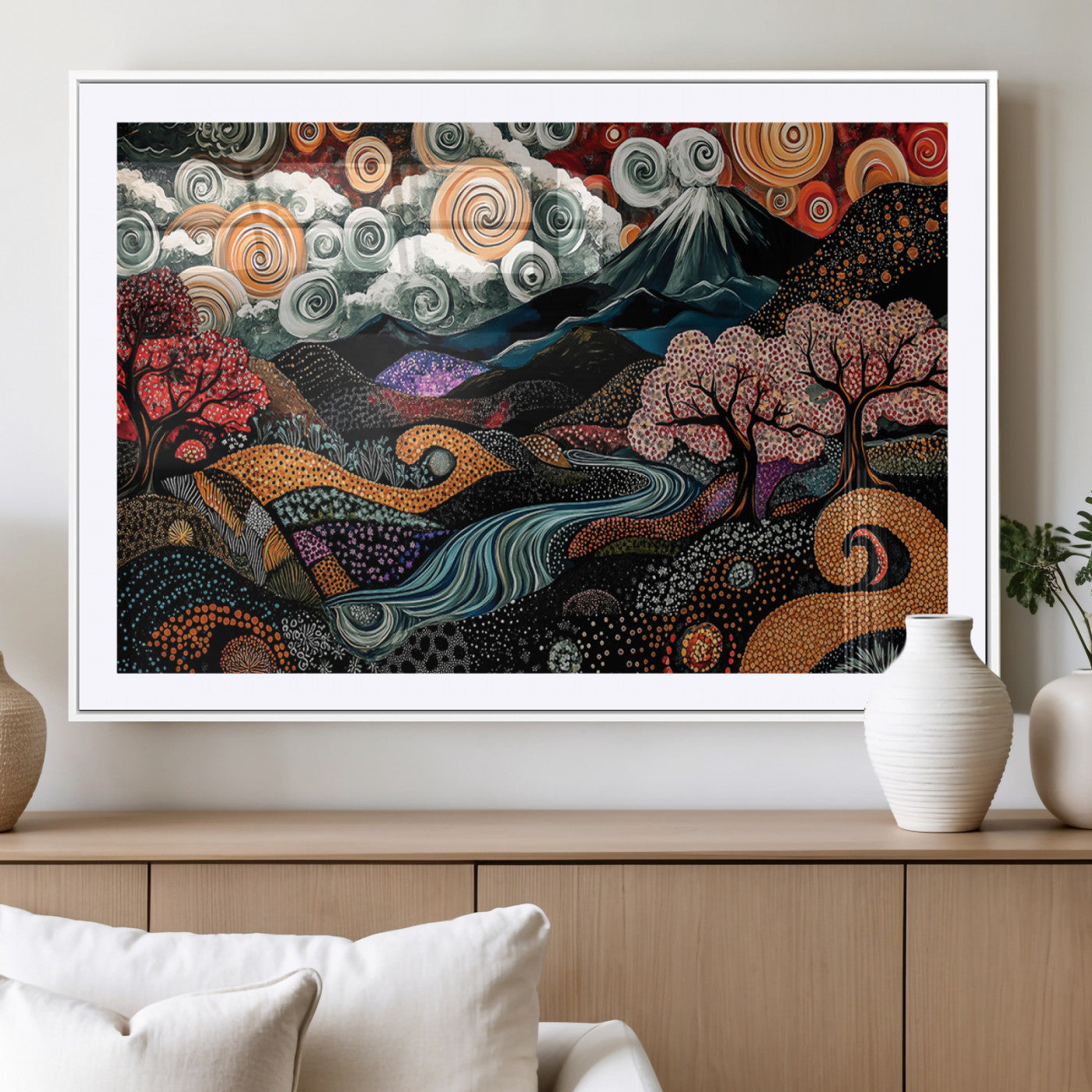 Vibrant abstract landscape painting featuring swirling clouds, colorful trees, flowing river, and textured hills under a mountain – Wall Art Canvas Print.