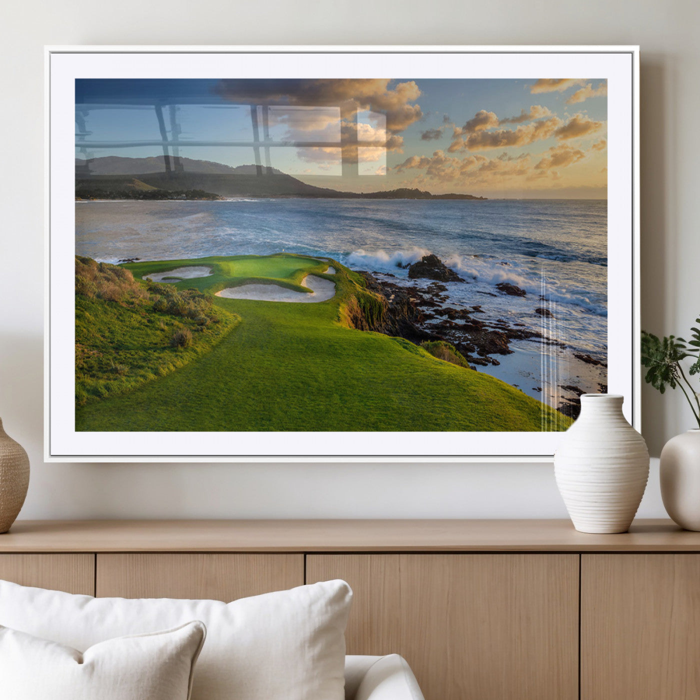 MGC-FP-36x24 - Stunning Coastal Golf Course at Sunset with Rolling Green Fairways and Ocean Waves – Perfect Wall