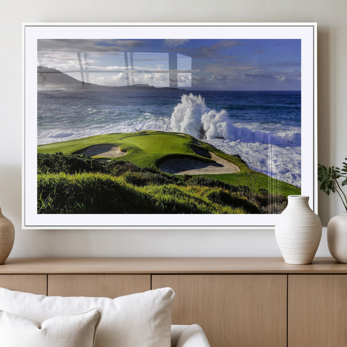 78508908-MGC-FP-40x30_White-Dramatic Ocean Waves Crashing Against Rocky Coastline Near a Green Golf Course – Stunning Wall Art Canvas Print for Nature and Sports Lovers