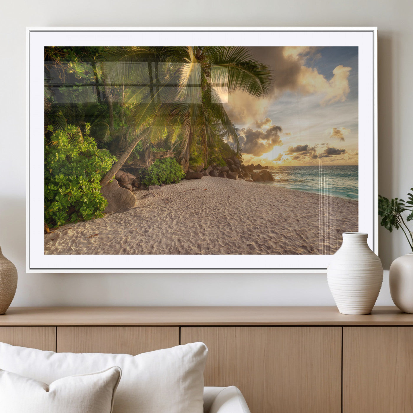 89531159-MGC-FP-40x30_White-Tropical beach sunset, palm trees, white sand, ocean waves, golden sky, serene landscape, nature beauty, tranquil shore, Wall Art Canvas Print