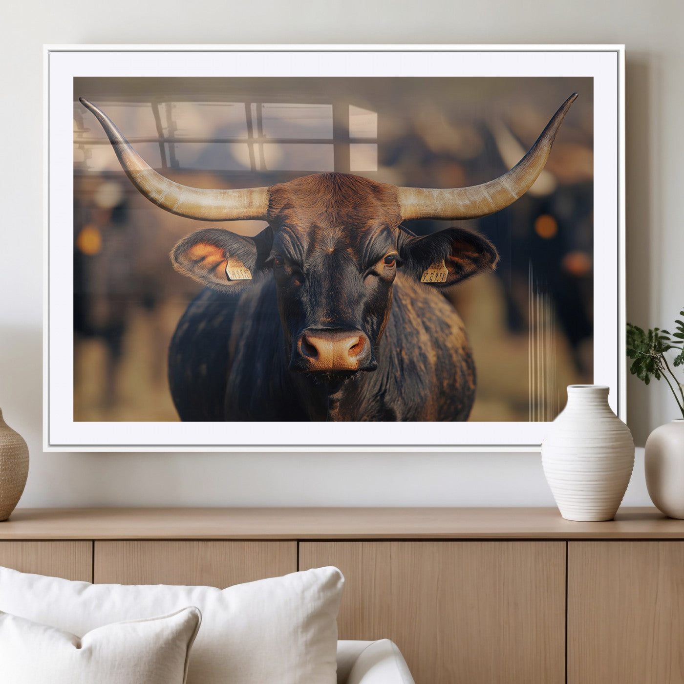 35515971-MGC-FP-40x30_White-Majestic bull head close-up, long curved horns, detailed fur texture, warm sunlight, focused gaze, Wall Art Canvas Print